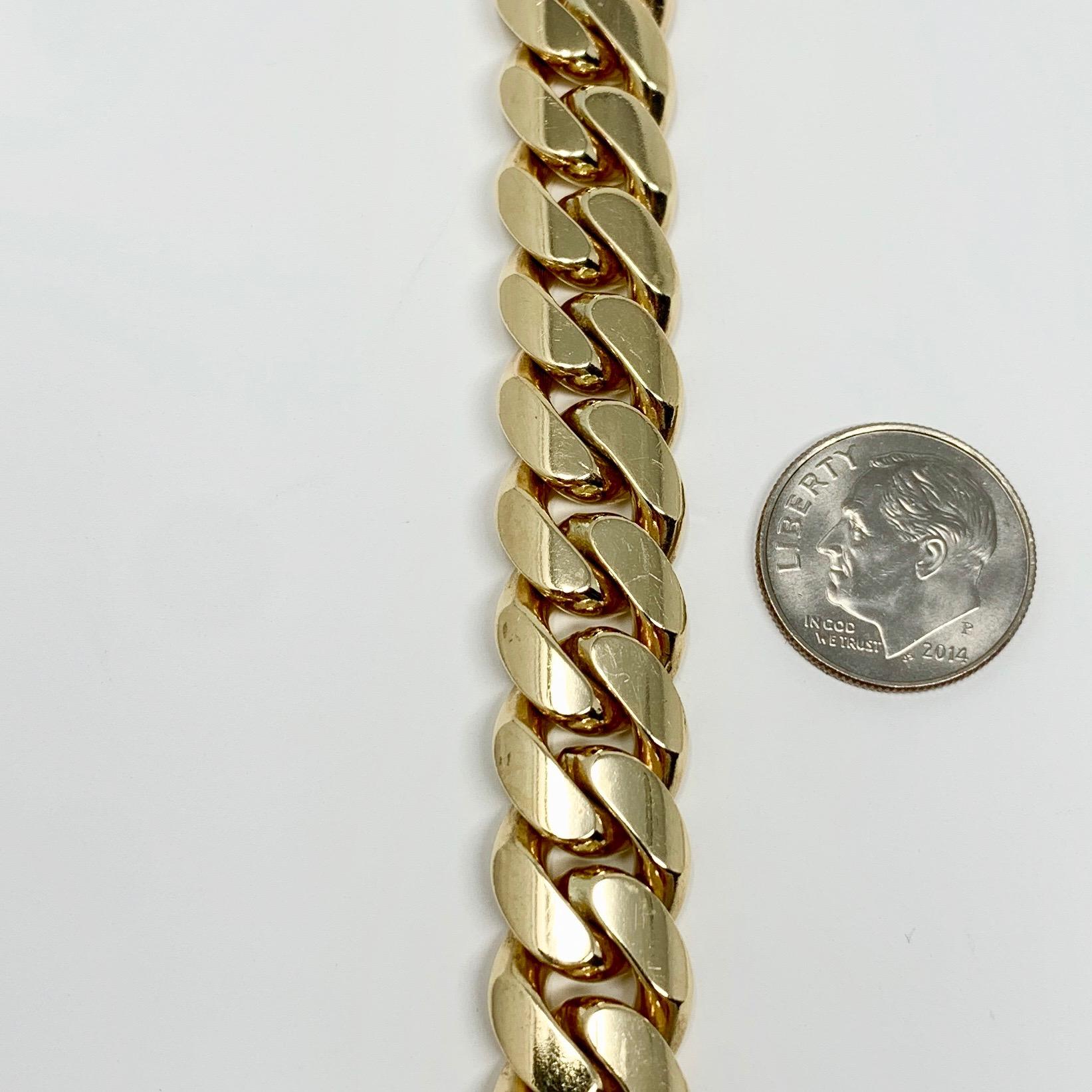 14 Karat Yellow Gold Heavy Cuban Curb Link Chain Bracelet In Good Condition In Guilford, CT