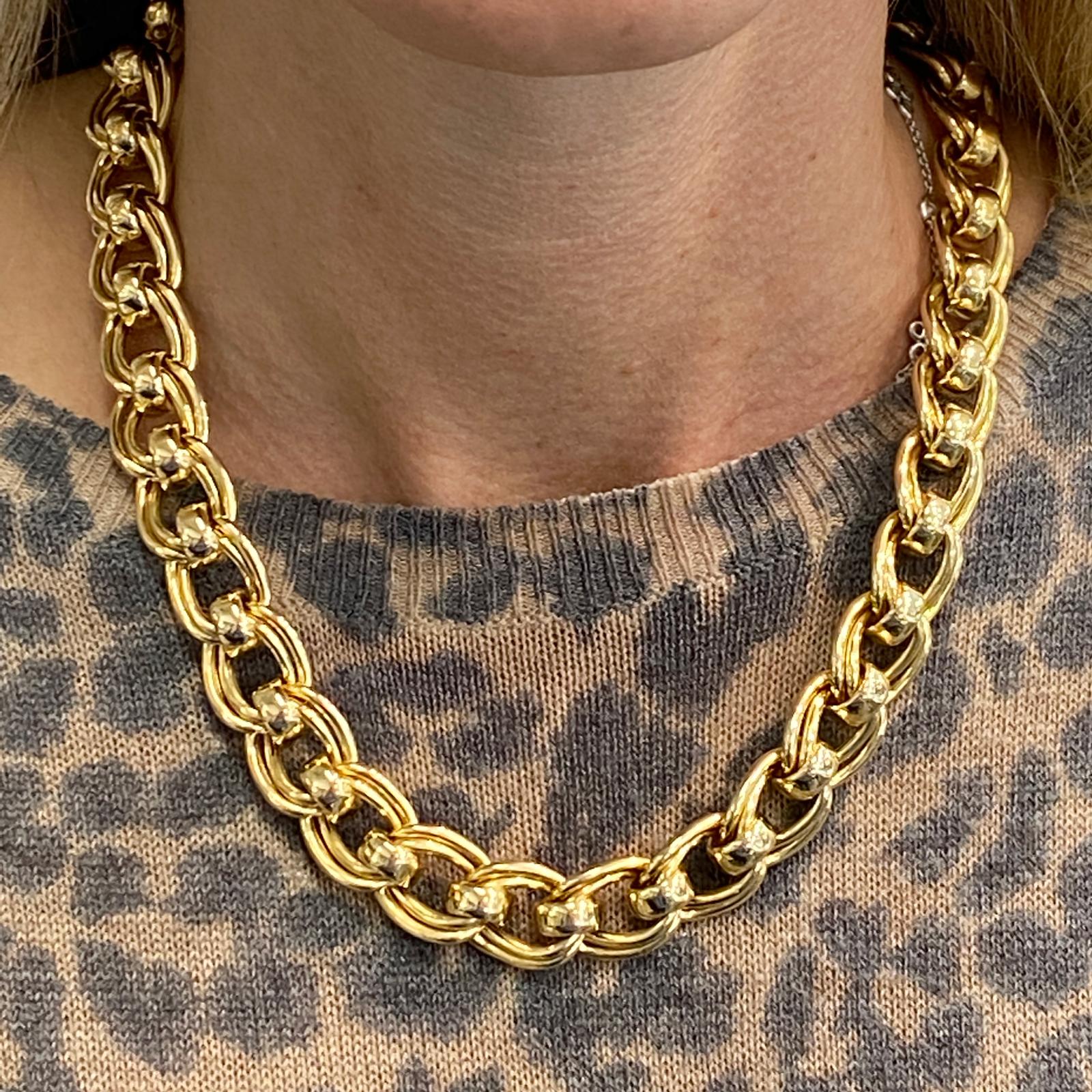 1980's heavy link necklace fashioned in 14 karat yellow gold. The estate necklace lays beautifully on the neck and measures 18.5 inches in length including the clasp. 
