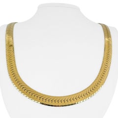 14 Karat Yellow Gold Heavy Long Herringbone Link Necklace Italy