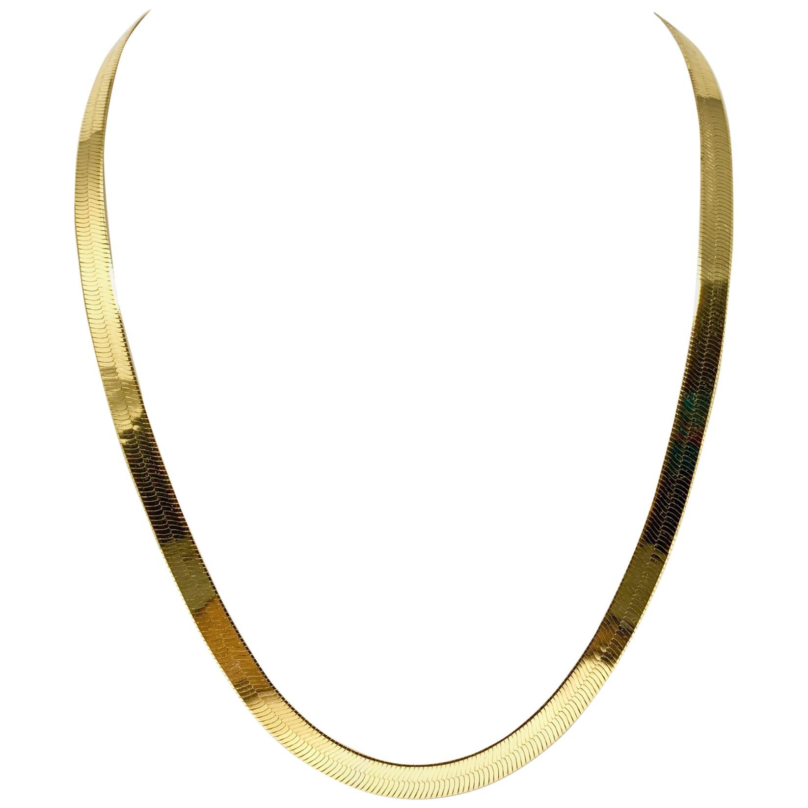 14 Karat Yellow Gold Heavy Wide Long Herringbone Link Chain Necklace