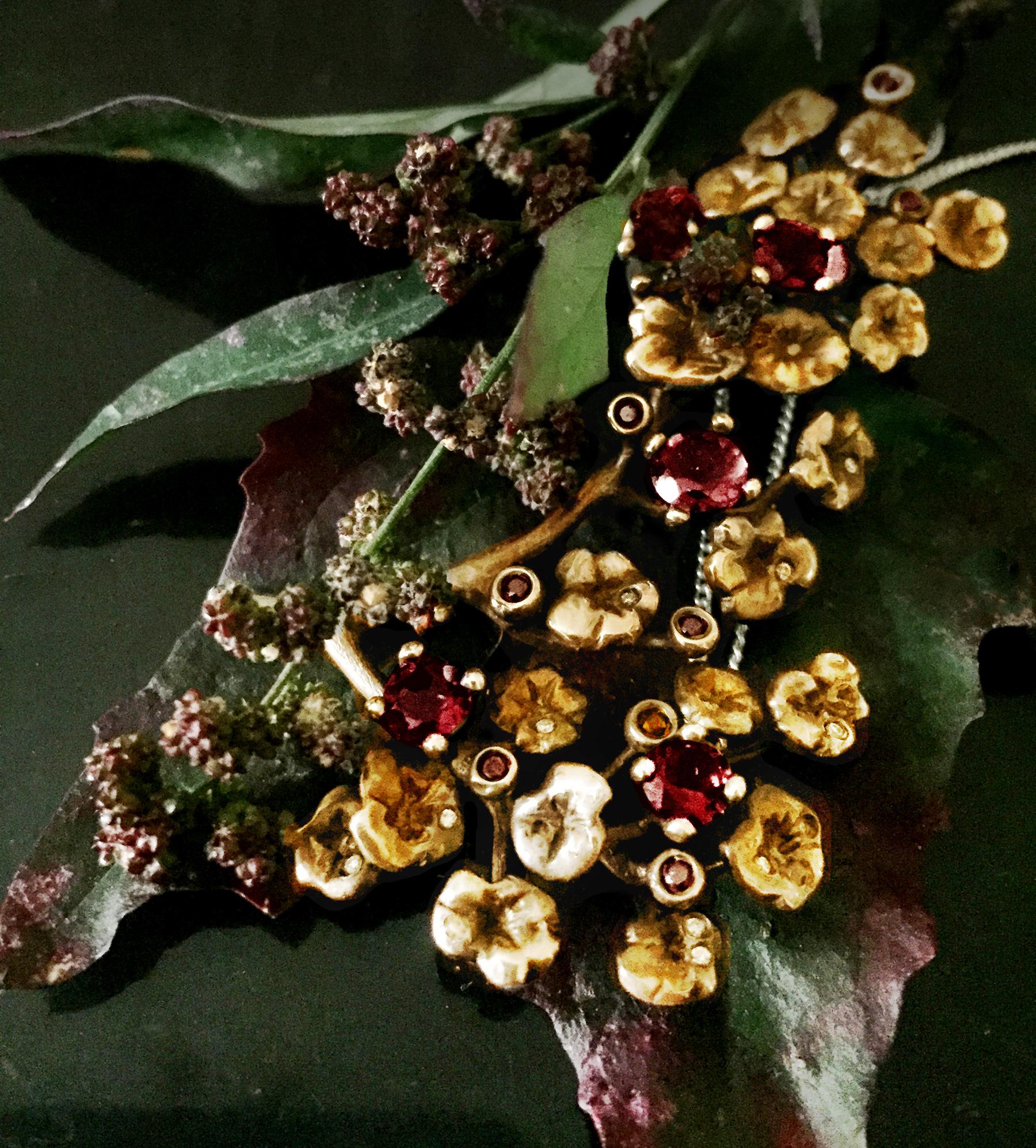 Women's or Men's Yellow Gold Heliotrope Brooch by the Artist with Rubies and Diamonds For Sale