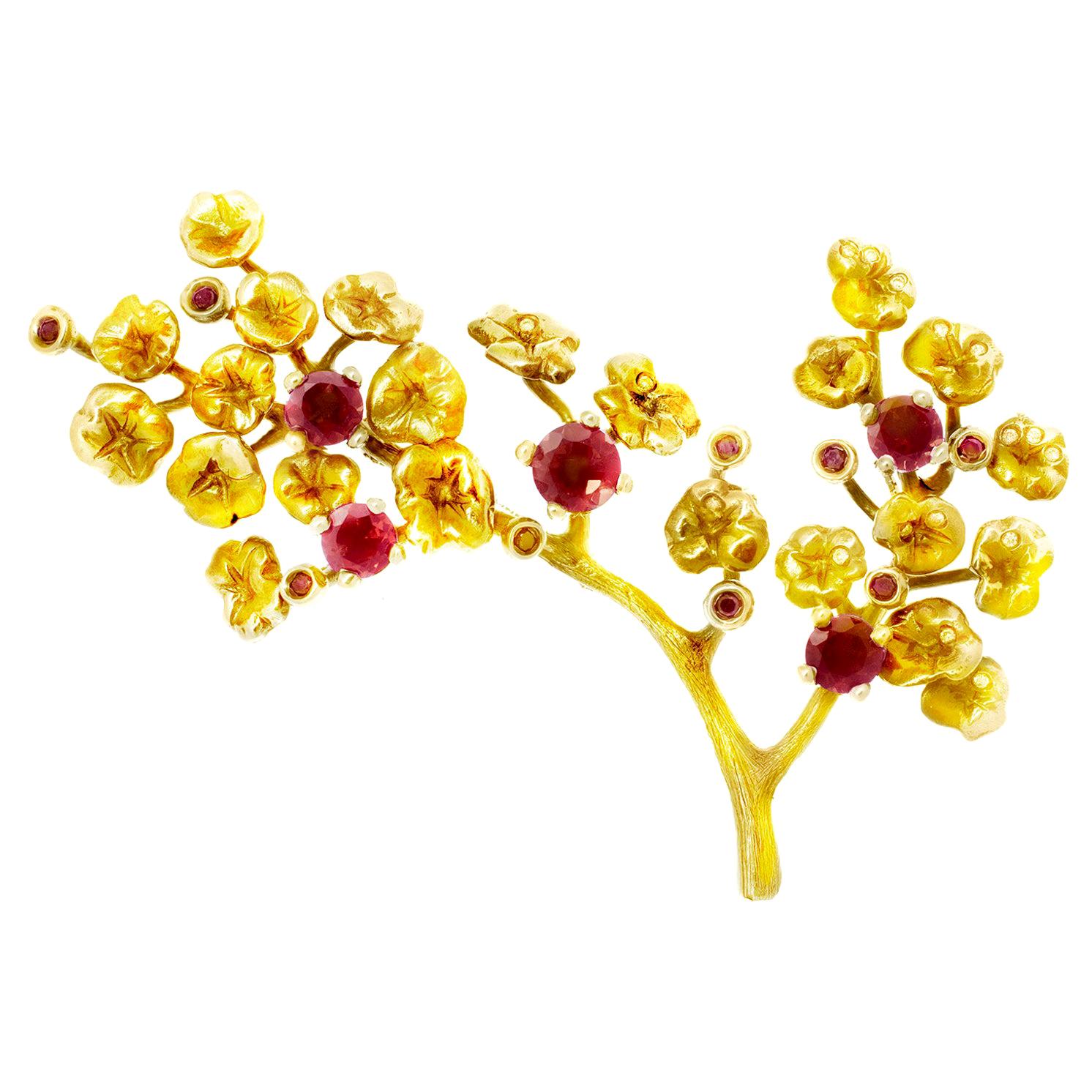 Yellow Gold Heliotrope Brooch by the Artist with Rubies and Diamonds For Sale