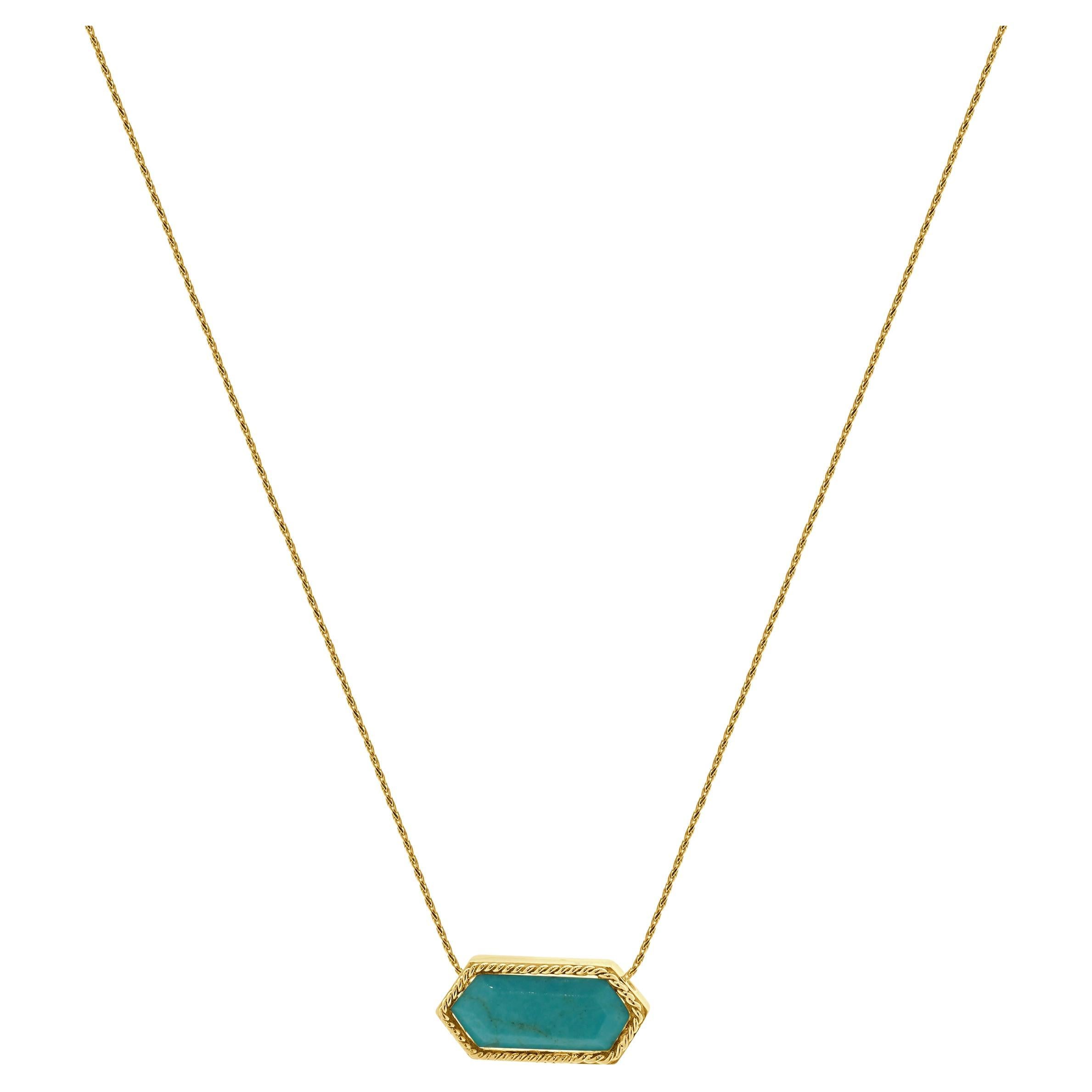 14 Karat Yellow Gold Hexagon Turquoise Necklace For Sale
