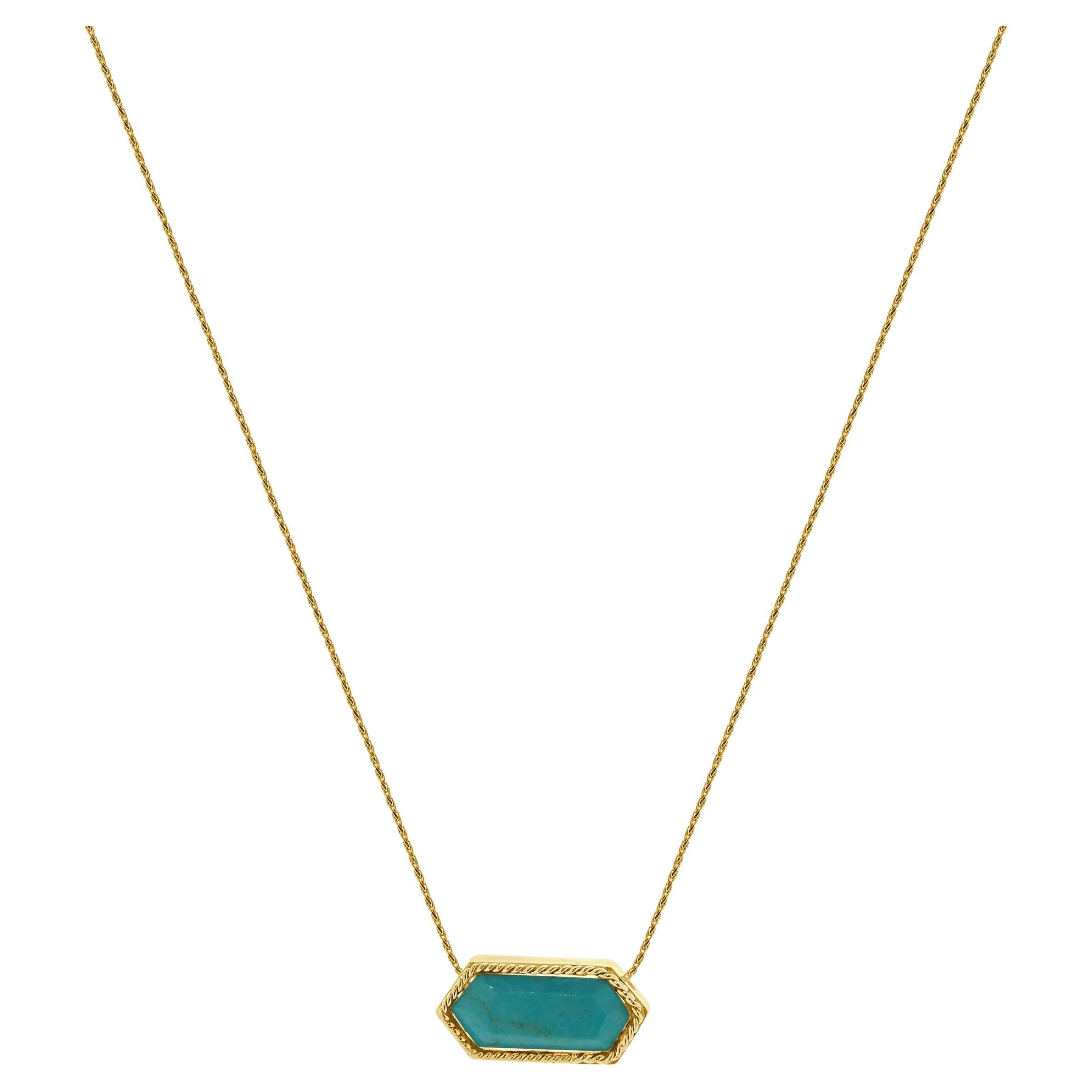 14 Karat Yellow Gold Hexagon Turquoise Necklace