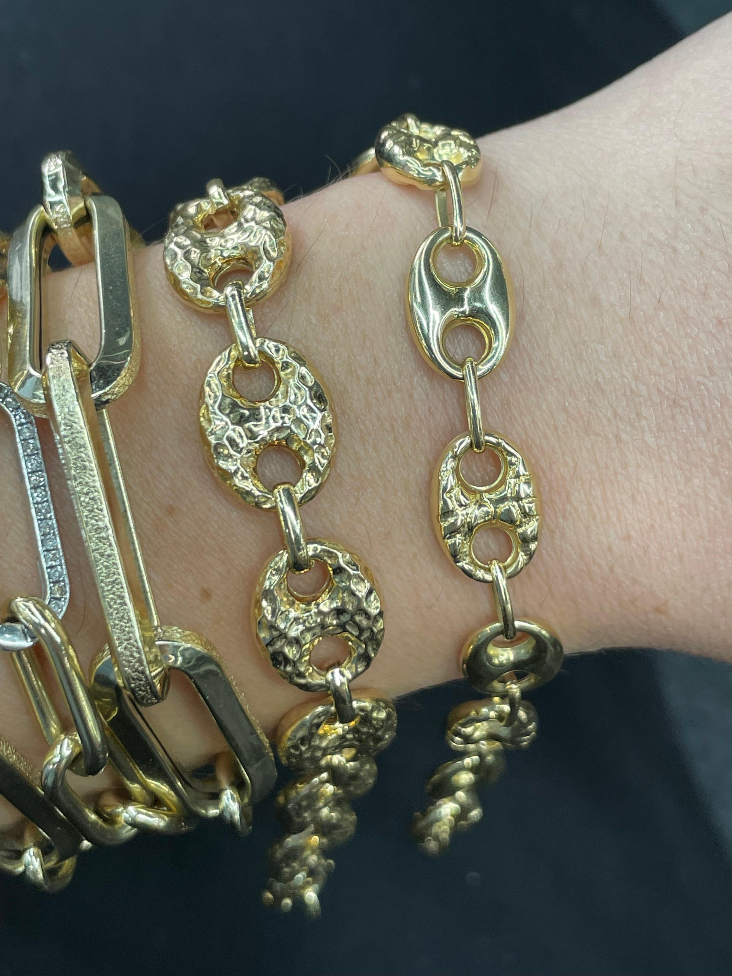 14 Karat Gelbgold Hochglanzpoliertes & gehämmertes Mariner-Gliederarmband 7,8 Gramm 12