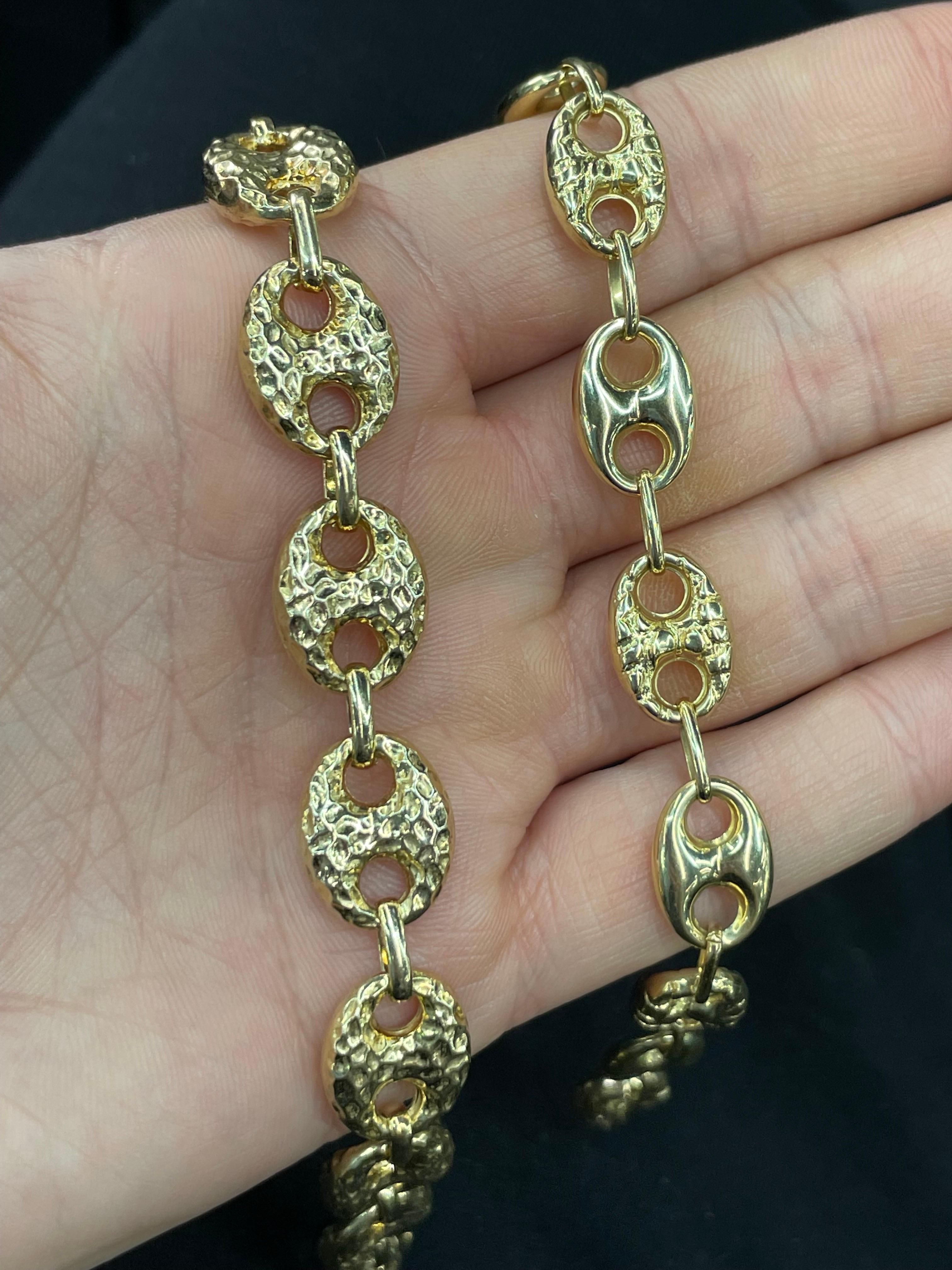 14 Karat Yellow Gold High Polish and Hammered Mariner Link Bracelet 7.8 ...