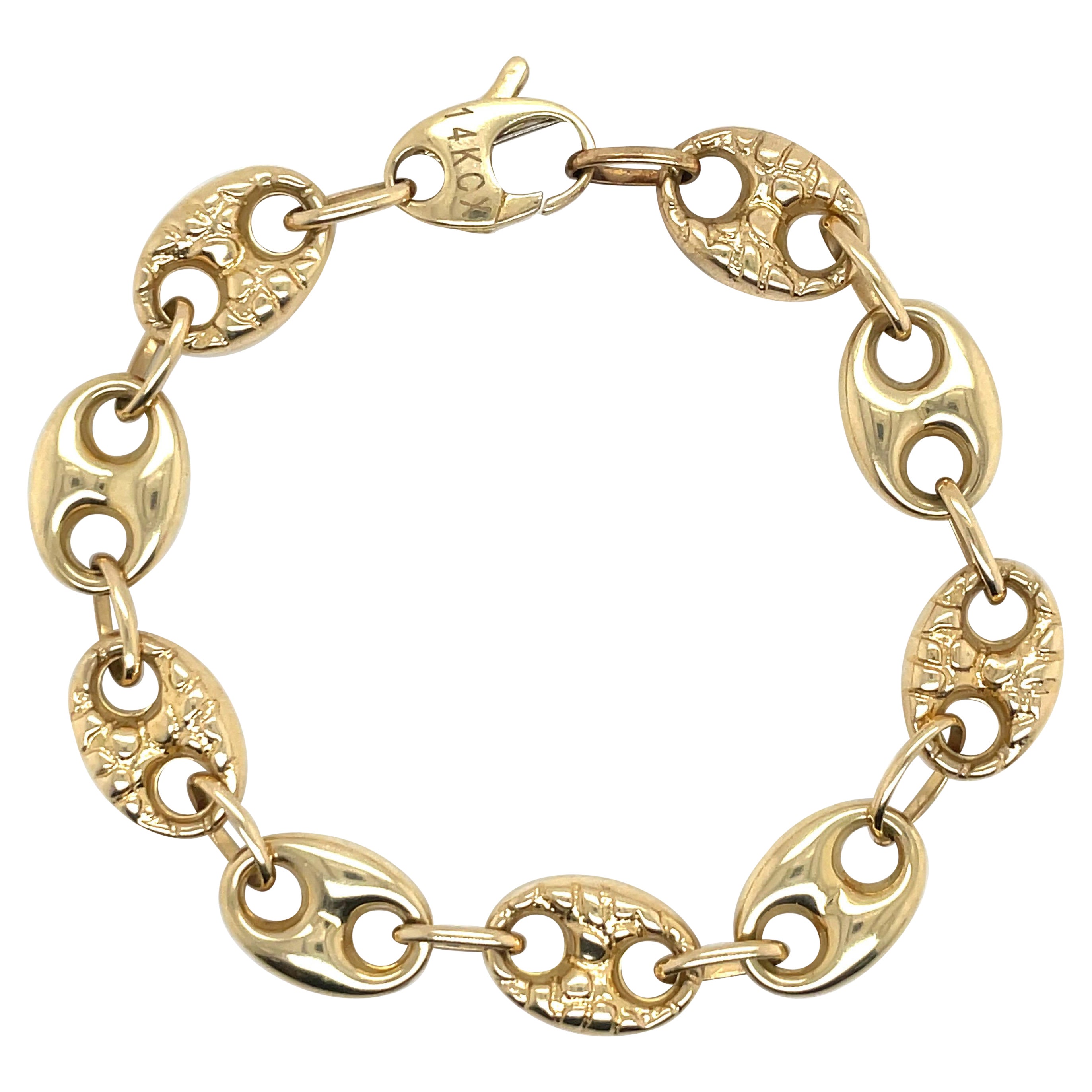 14 Karat Gelbgold Hochglanzpoliertes & gehämmertes Mariner-Gliederarmband 7,8 Gramm