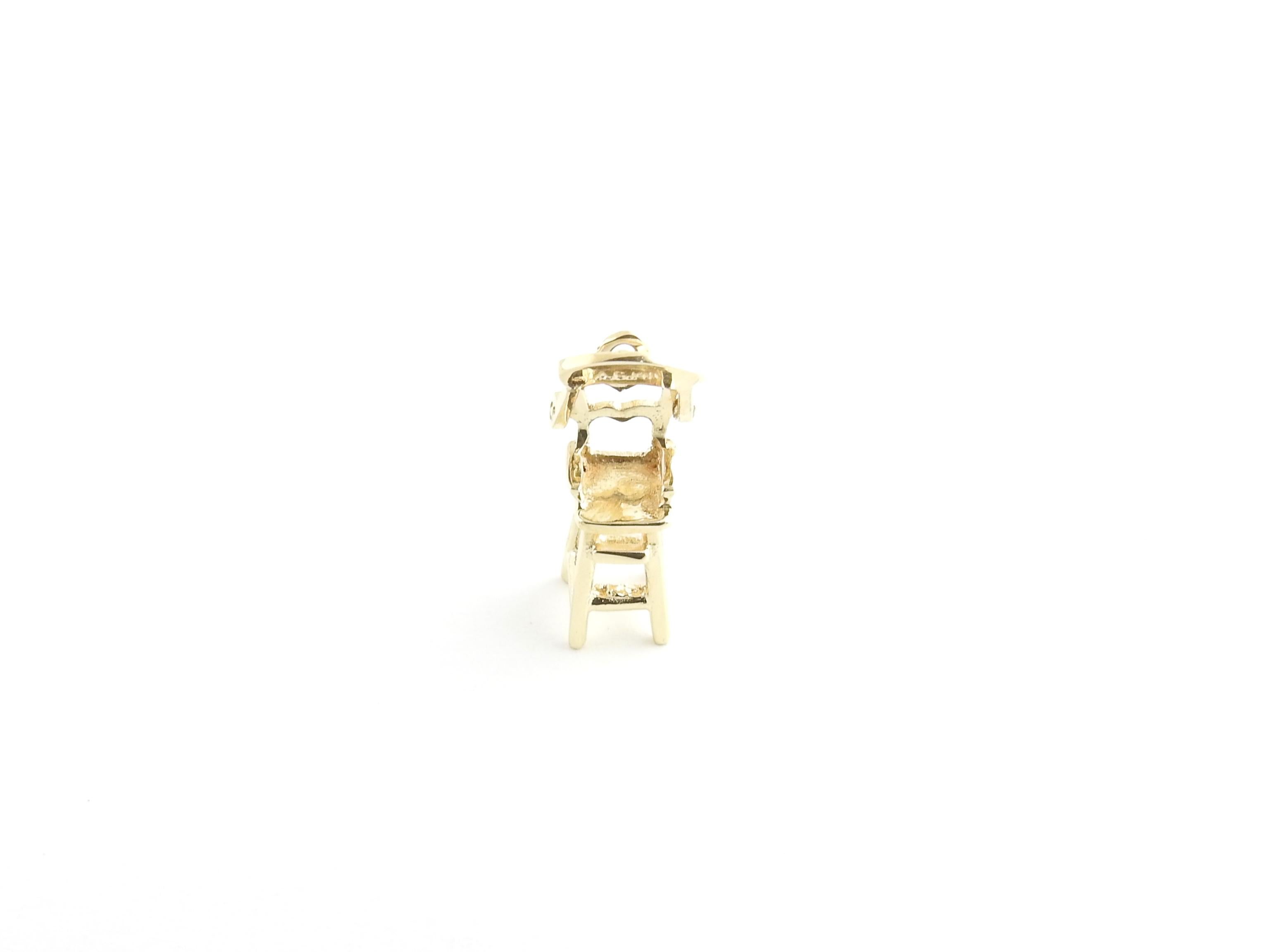 Vintage 14 Karat Yellow Gold Highchair Charm

This lovely 3D charm features a miniature highchair with hinged tray meticulously detailed in 14K yellow gold.

Size: 17 mm x 7 mm

Weight: 0.8 dwt. / 1.3 gr.

Stamped: A.C. 14K

Very good condition,