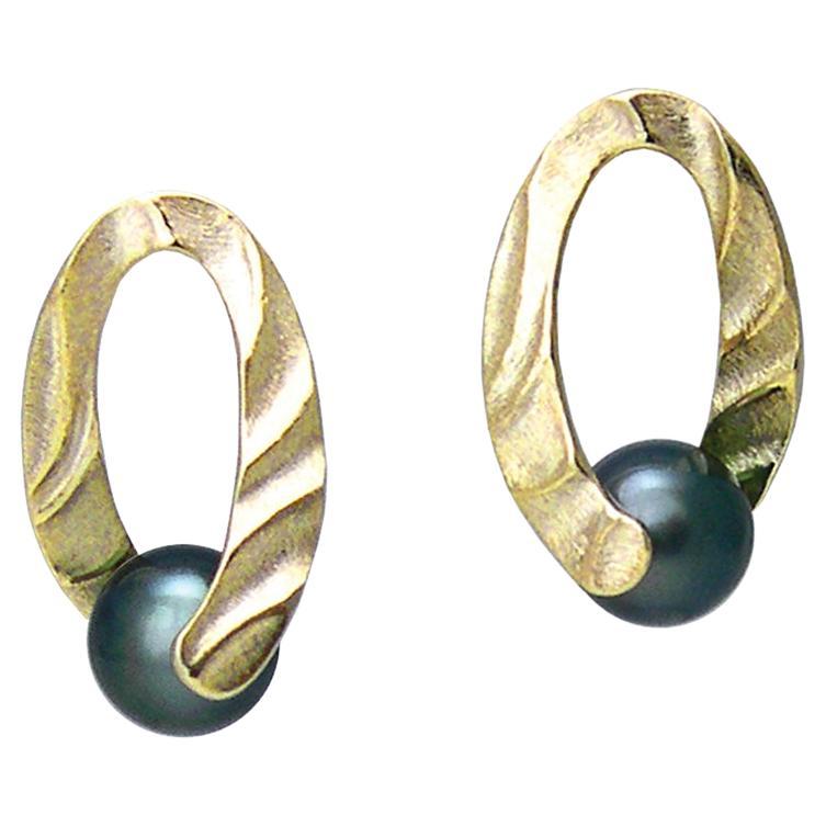 14 Karat Yellow Gold Holding You Earrings with Tahitian Pearl from K.Mita For Sale