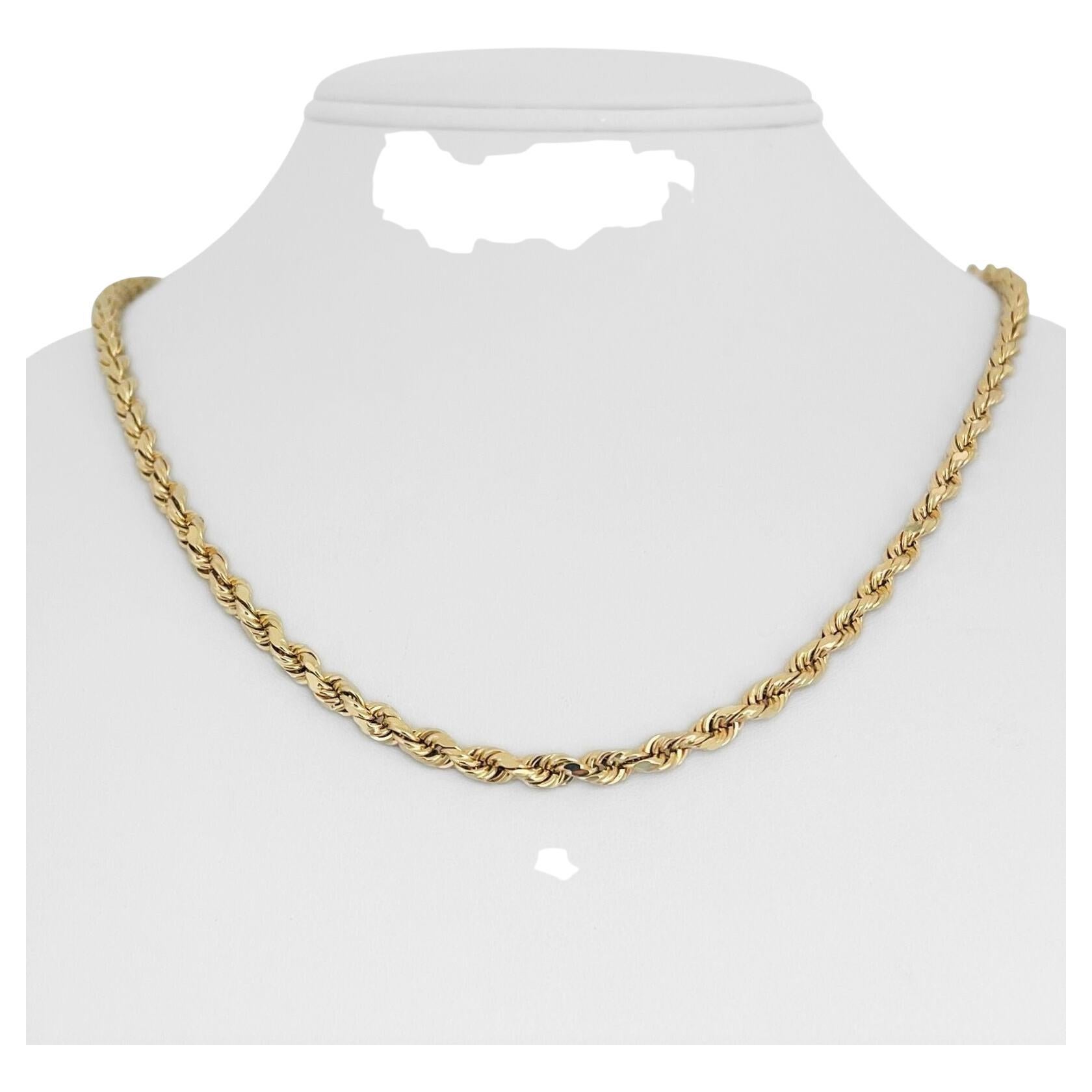 14 Karat Yellow Gold Hollow Diamond Cut Rope Chain Necklace For Sale at