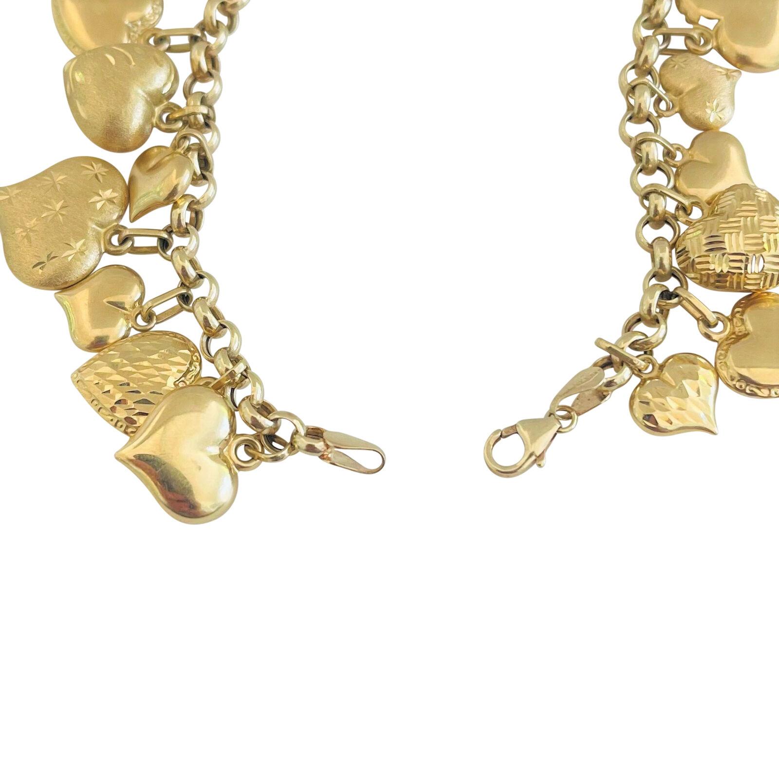 14 Karat Yellow Gold Hollow Milor Rolo Link Heart Charm Bracelet Italy In Good Condition In Guilford, CT