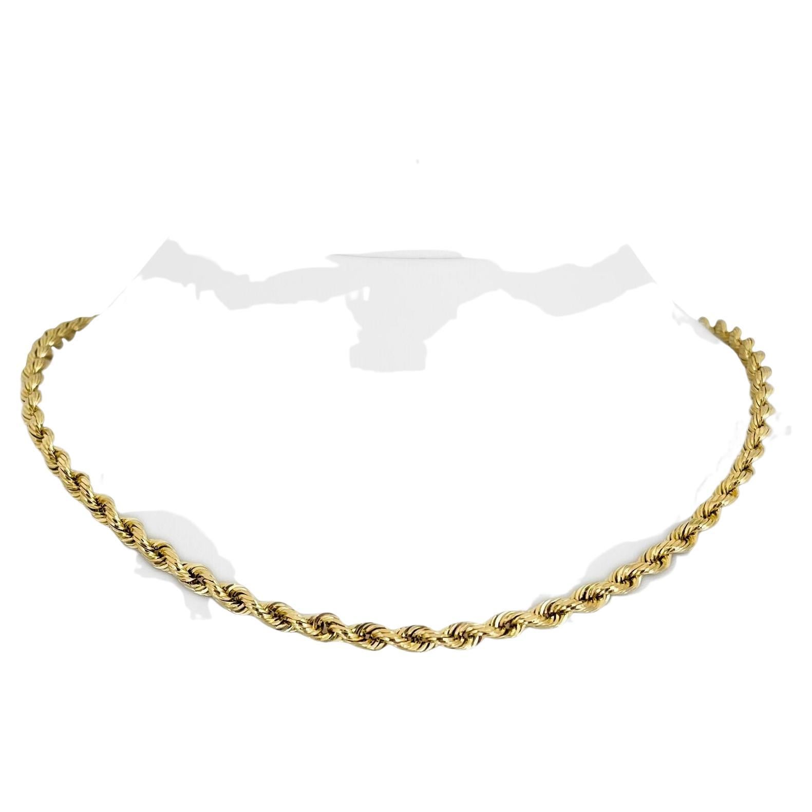14 Karat Yellow Gold Hollow Diamond Cut Rope Chain Necklace For Sale at