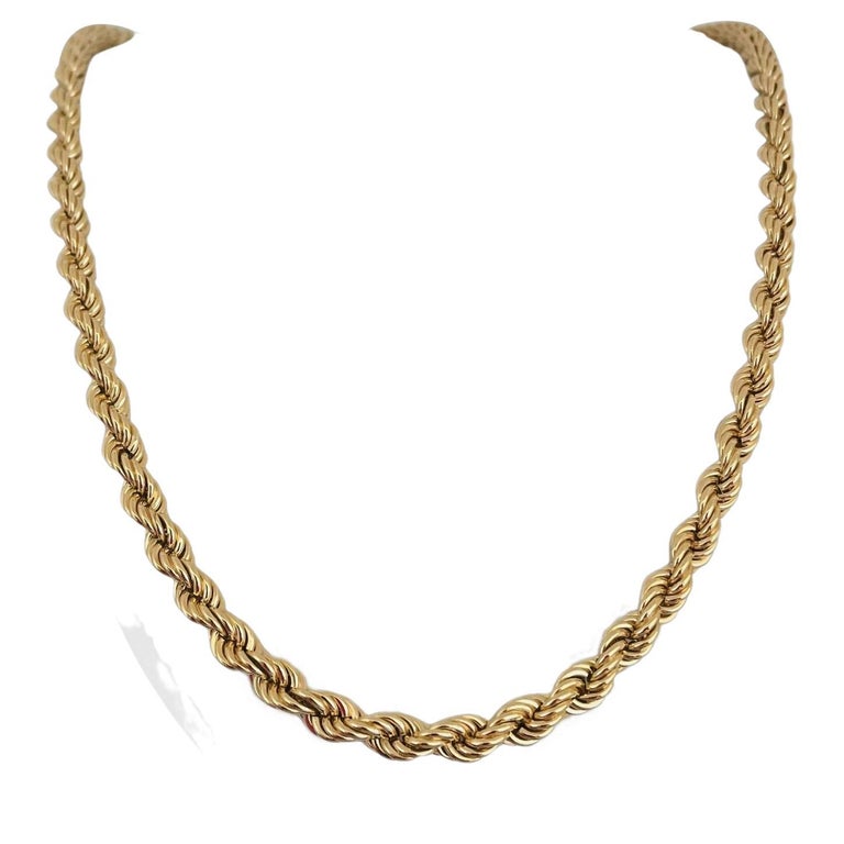 14 Karat Yellow Gold Hollow Thick Long Rope Chain Necklace For Sale at