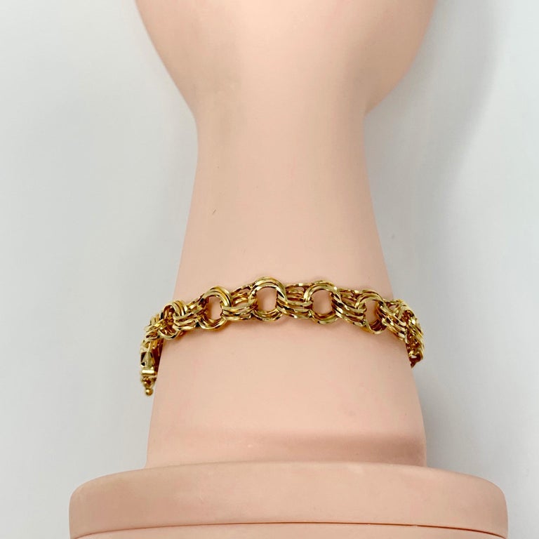 14 Karat Yellow Gold Hollow Triple Circle Link Charm Bracelet For Sale ...