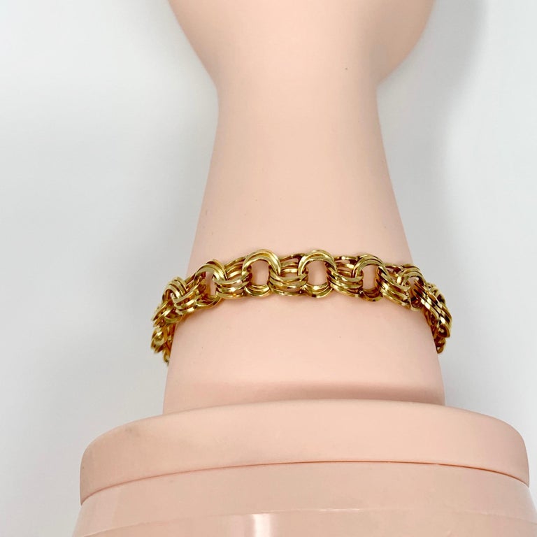 14 Karat Yellow Gold Hollow Triple Circle Link Charm Bracelet at 1stDibs