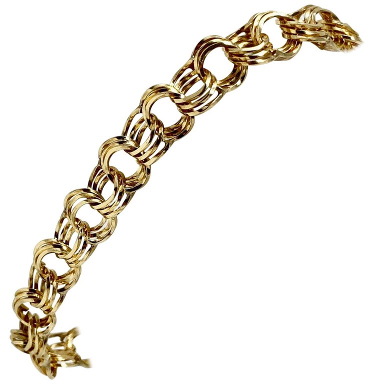 14 Karat Yellow Gold Hollow Triple Circle Link Charm Bracelet For Sale ...