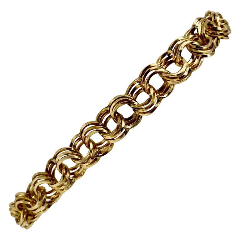 14 Karat Yellow Gold Hollow Triple Circle Link Charm Bracelet at 1stDibs