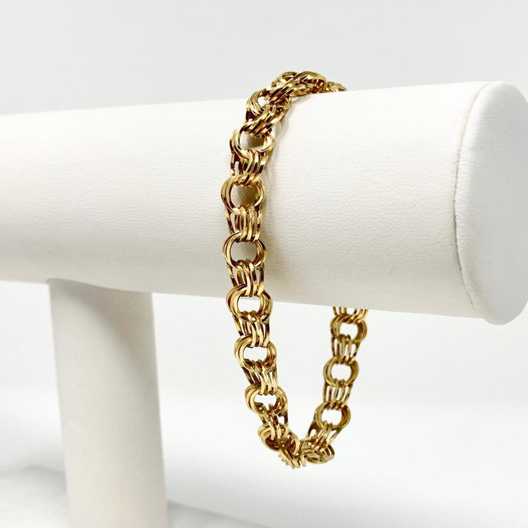 14 Karat Yellow Gold Hollow Triple Circle Link Charm Bracelet at 1stDibs