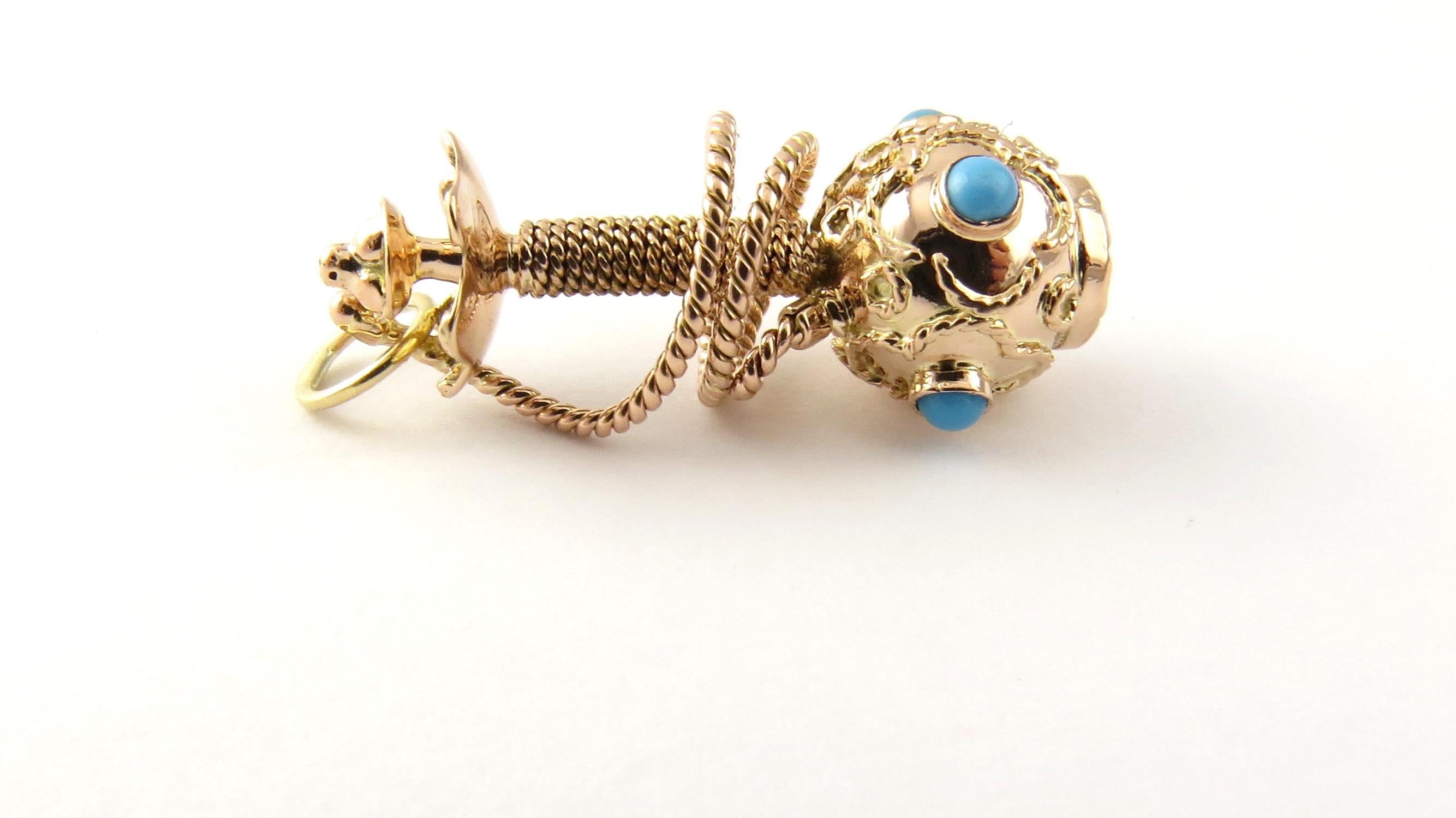 Vintage 14 Karat Yellow Gold Hookah Pipe Shisha Charm

This lovely 3D charm features a miniature hookah pipe accented with one round coral stone and four round turquoise stones meticulously detailed in 14K yellow gold.

Size: 30 mm x 12 mm

Weight: