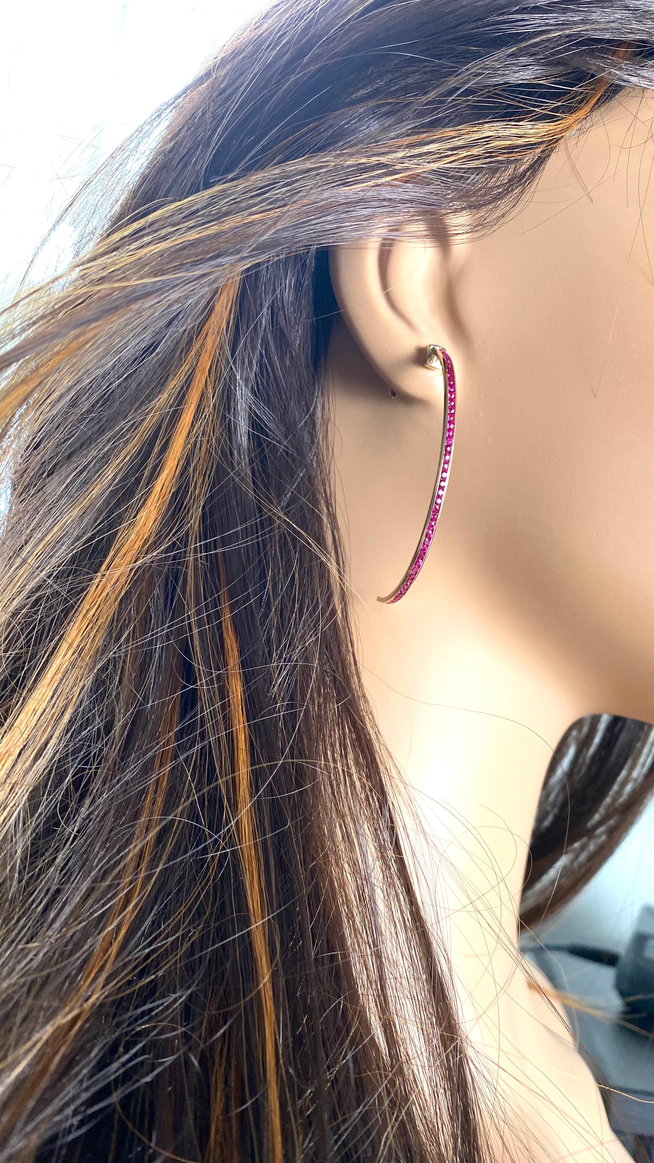 14 Karat Yellow Gold Hoop Earrings Burmese Rubies 1.80 Carats 2.25 Inch Long For Sale 5