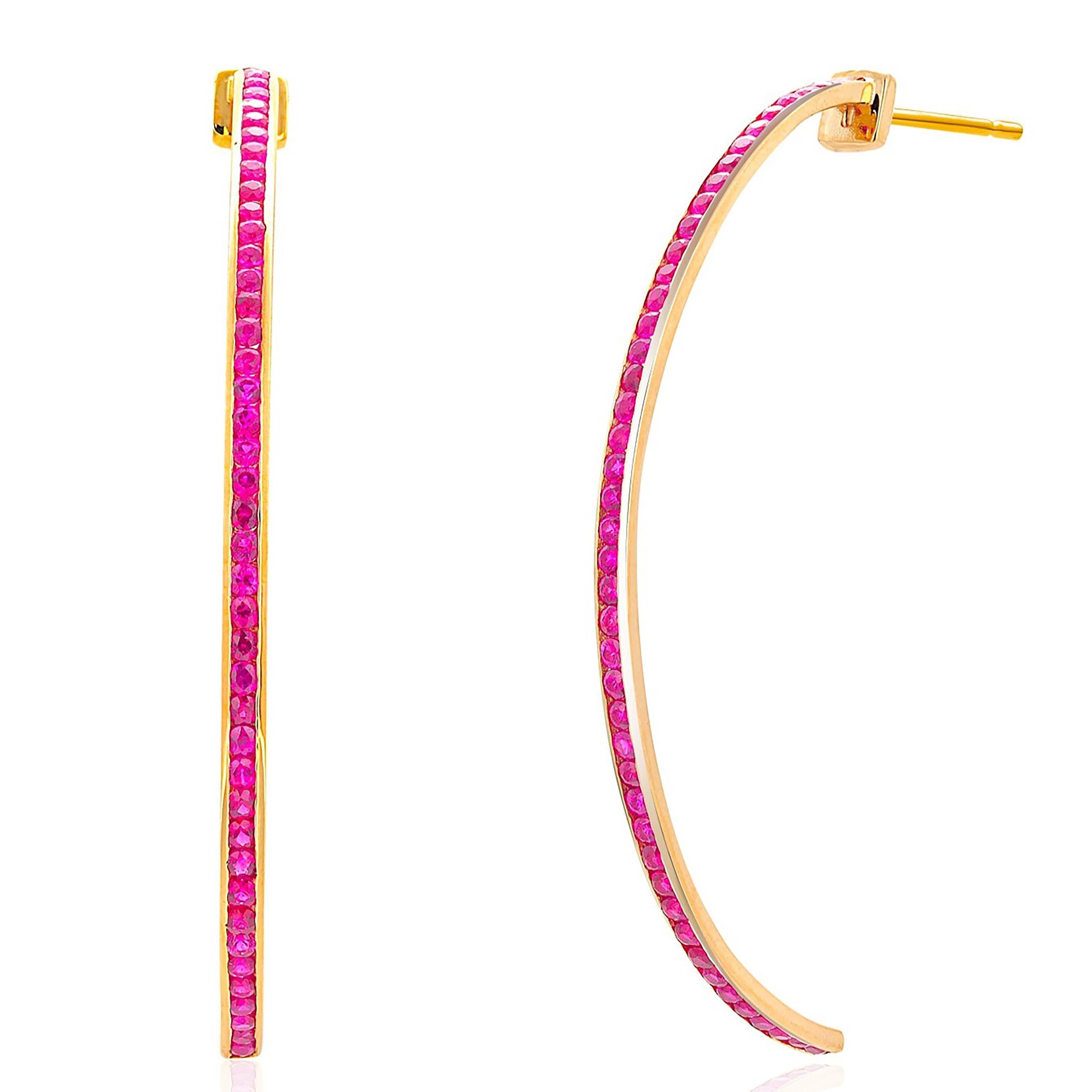 14 Karat Yellow Gold Hoop Earrings Burmese Rubies 1.80 Carats 2.25 Inch Long For Sale 2