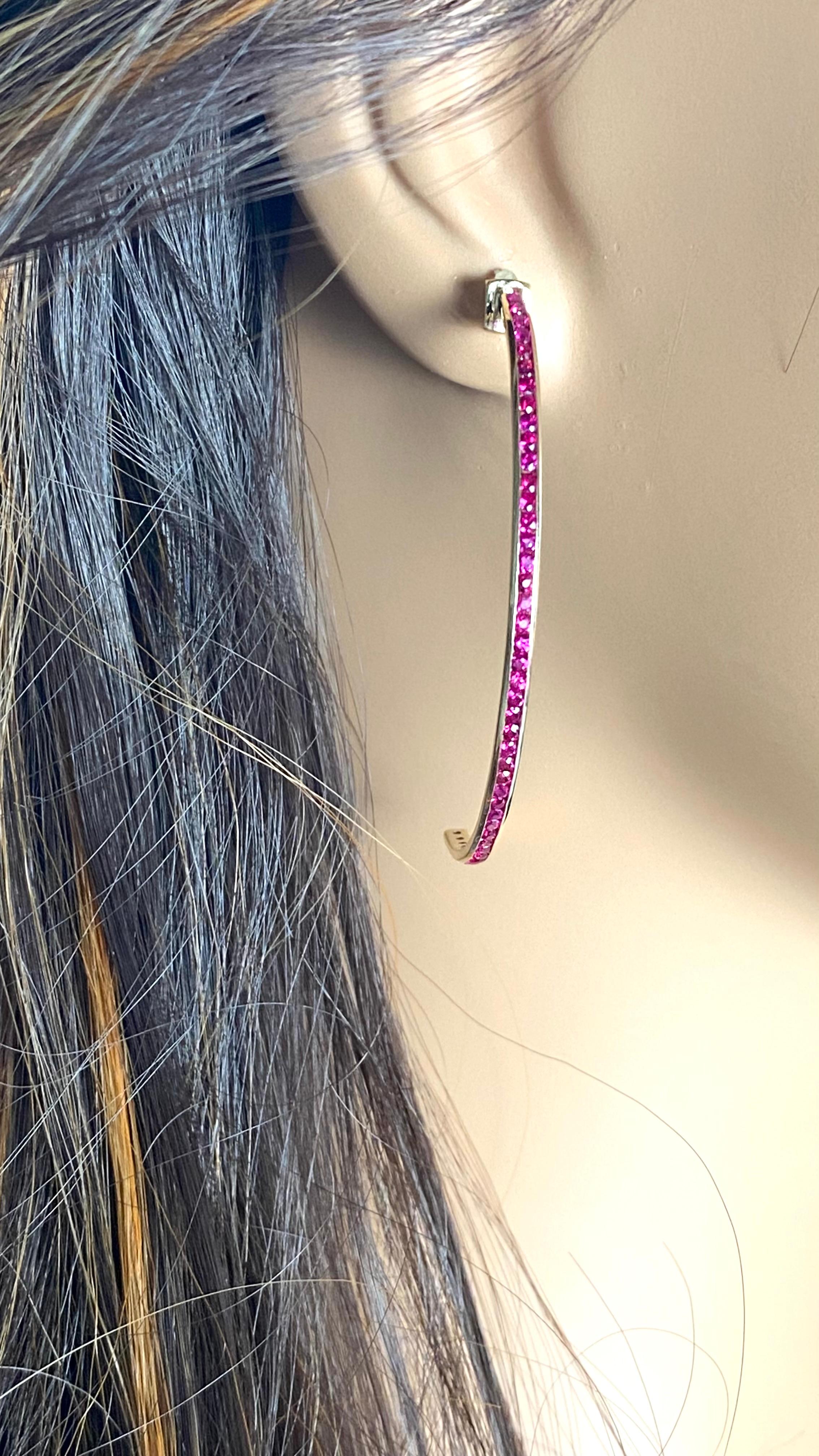 14 Karat Yellow Gold Hoop Earrings Burmese Rubies 1.80 Carats 2.25 Inch Long For Sale 1