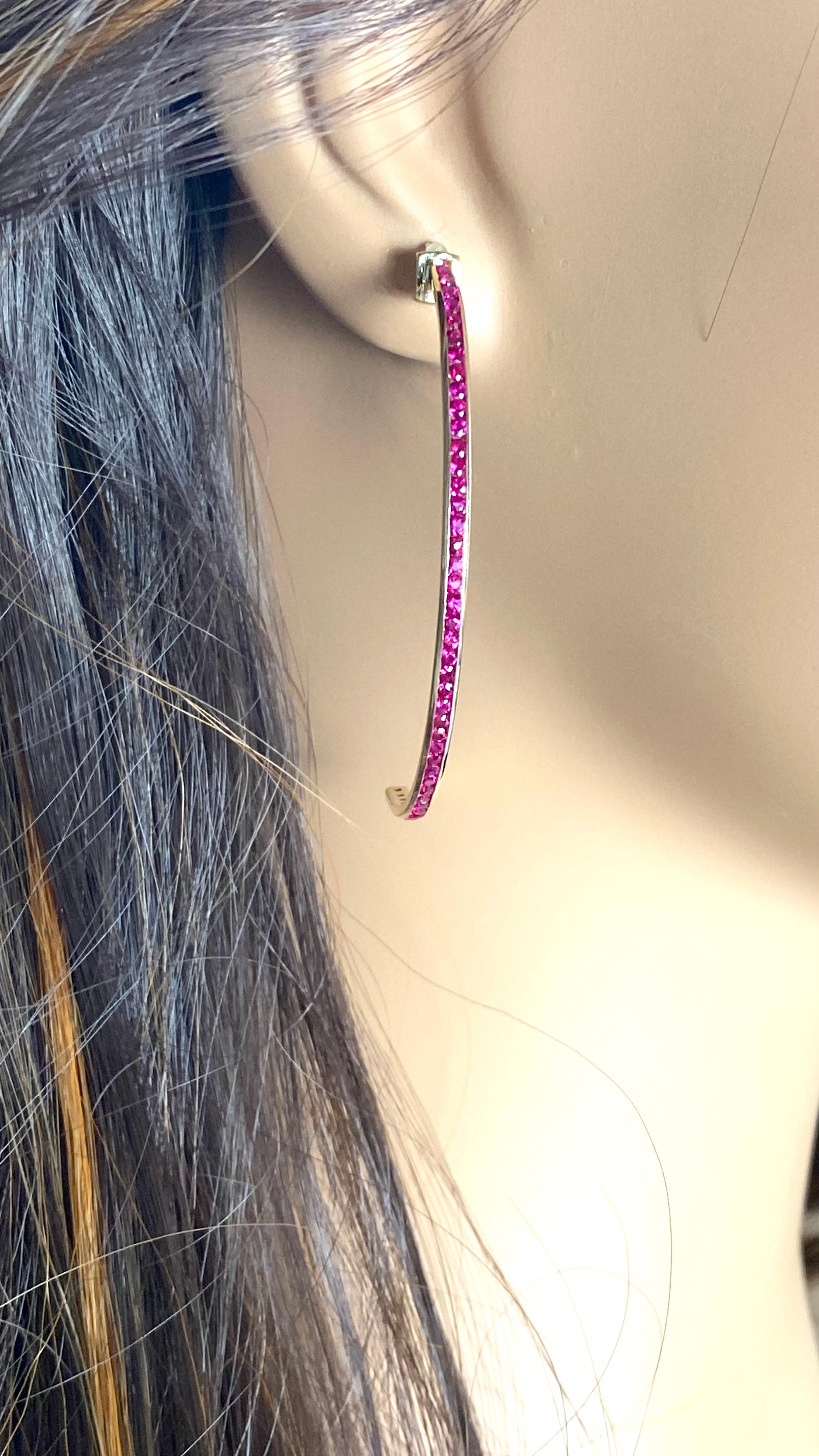 14 Karat Yellow Gold Hoop Earrings Burmese Rubies 1.80 Carats 2.25 Inch Long For Sale 3