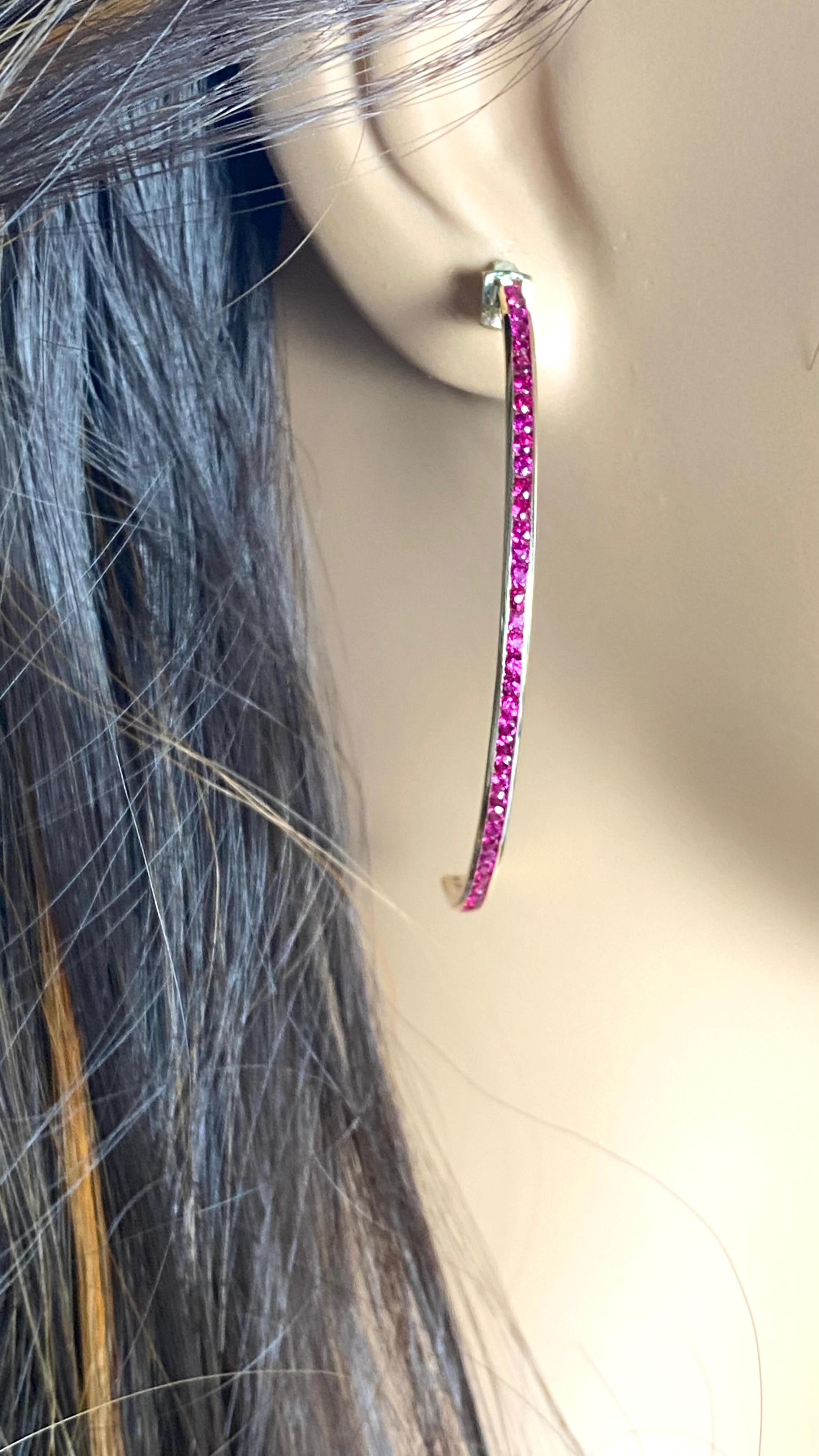 14 Karat Yellow Gold Hoop Earrings Burmese Rubies 1.80 Carats 2.25 Inch Long For Sale 4