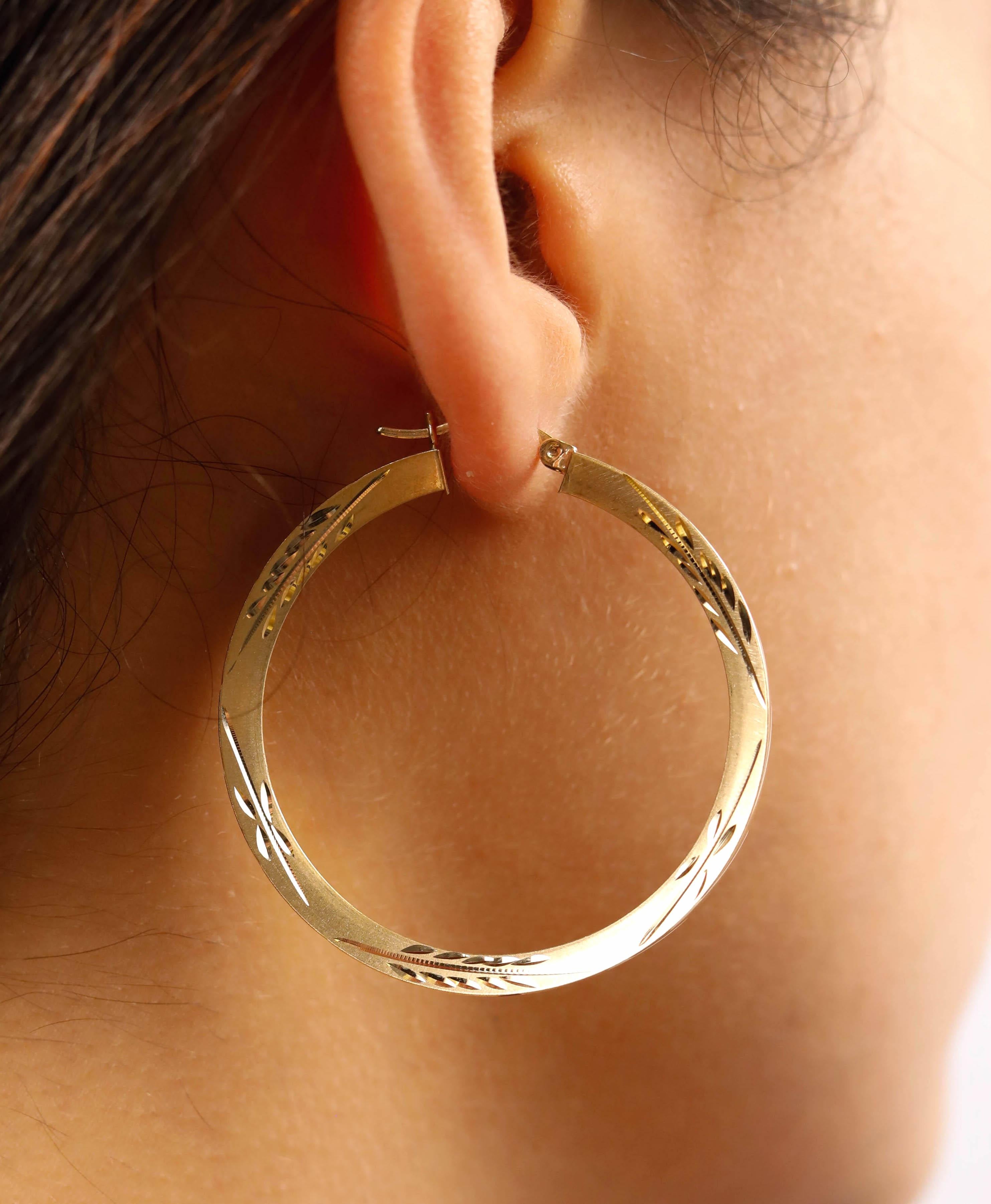 Contemporary 14 Karat Yellow Gold Hoop Earrings with Etched Design