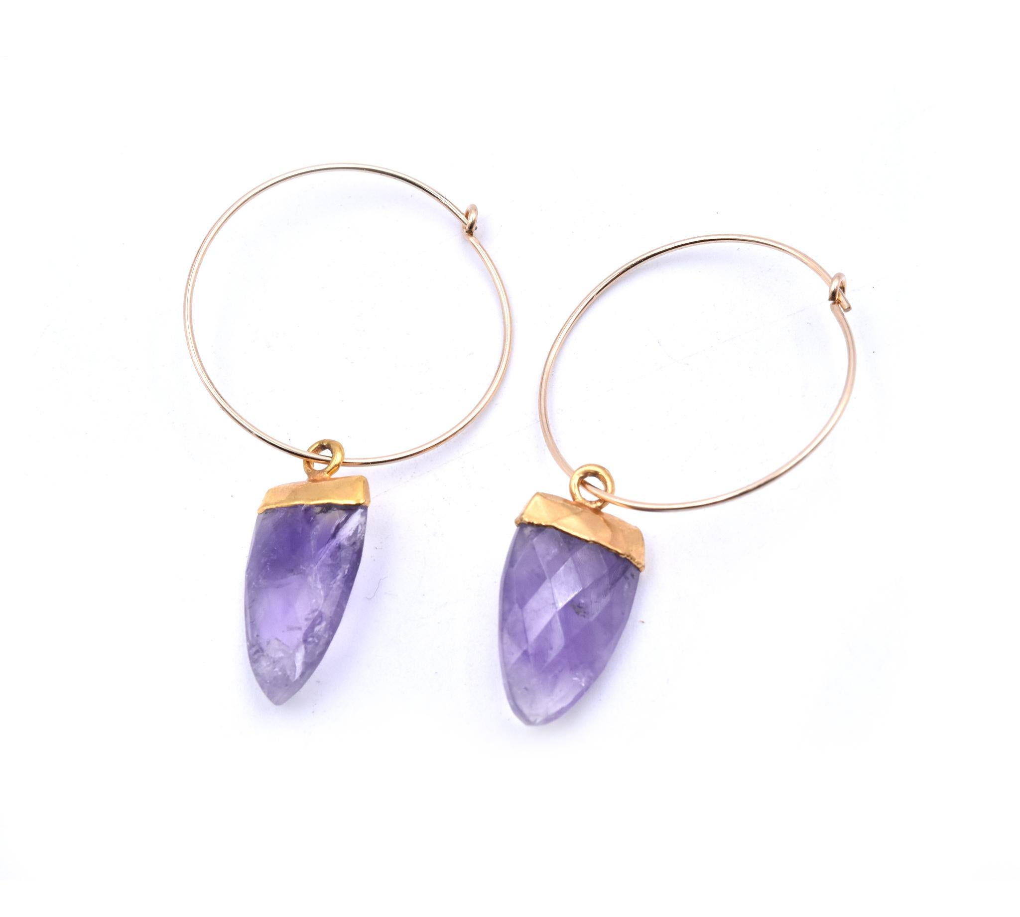 Oval Cut 14 Karat Yellow Gold Hoops with Gold-Plated Amethyst Drops For Sale