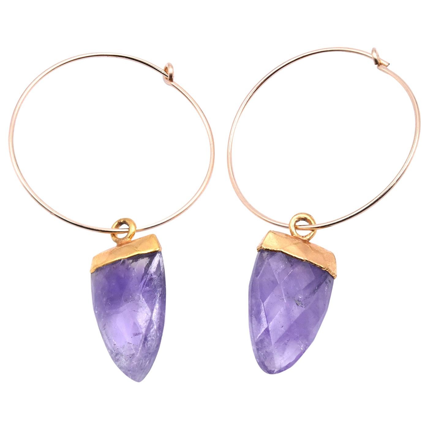14 Karat Yellow Gold Hoops with Gold-Plated Amethyst Drops For Sale