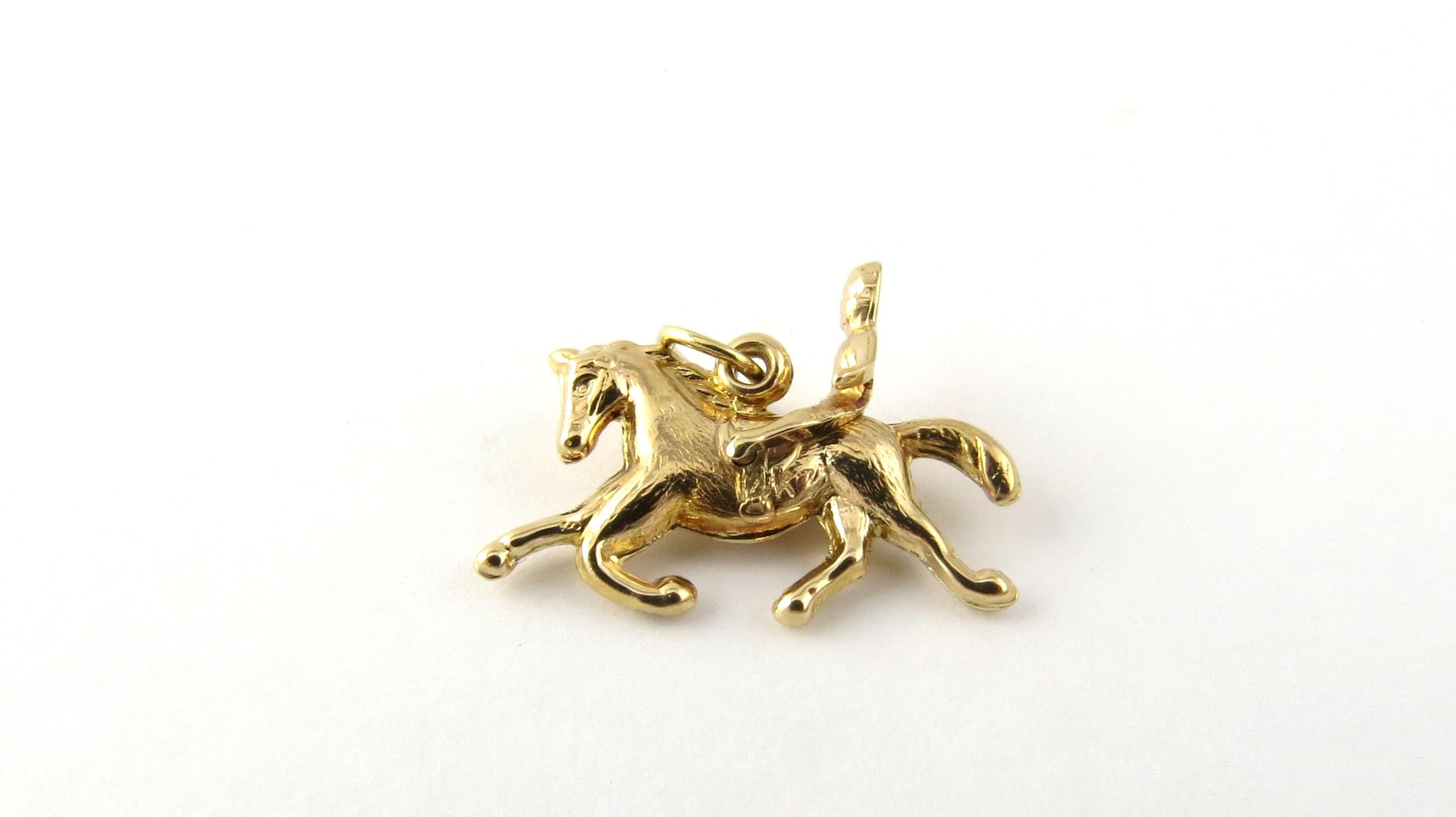 14 Karat Yellow Gold Horse and Rider Charm-

Perfect gift for the equestrian in your life!

This lovely 3D charm features a miniature horse and rider that moves back and forth beautifully detailed in 14K yellow gold. 

Size:    17 mm x 28
