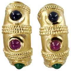 14 Karat Yellow Gold Huggie Earrings with Ruby, Sapphire, and Emerald Cabochon