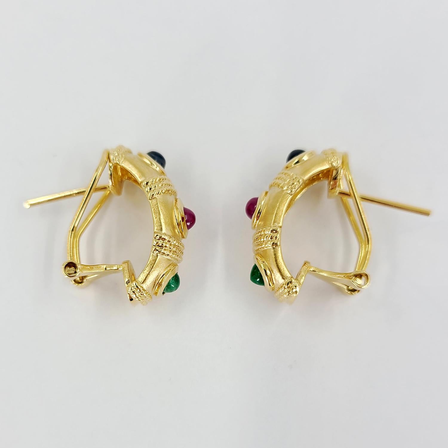 14 Karat Yellow Gold Huggie Earrings with Ruby, Sapphire, and Emerald Cabochon In Good Condition In Coral Gables, FL