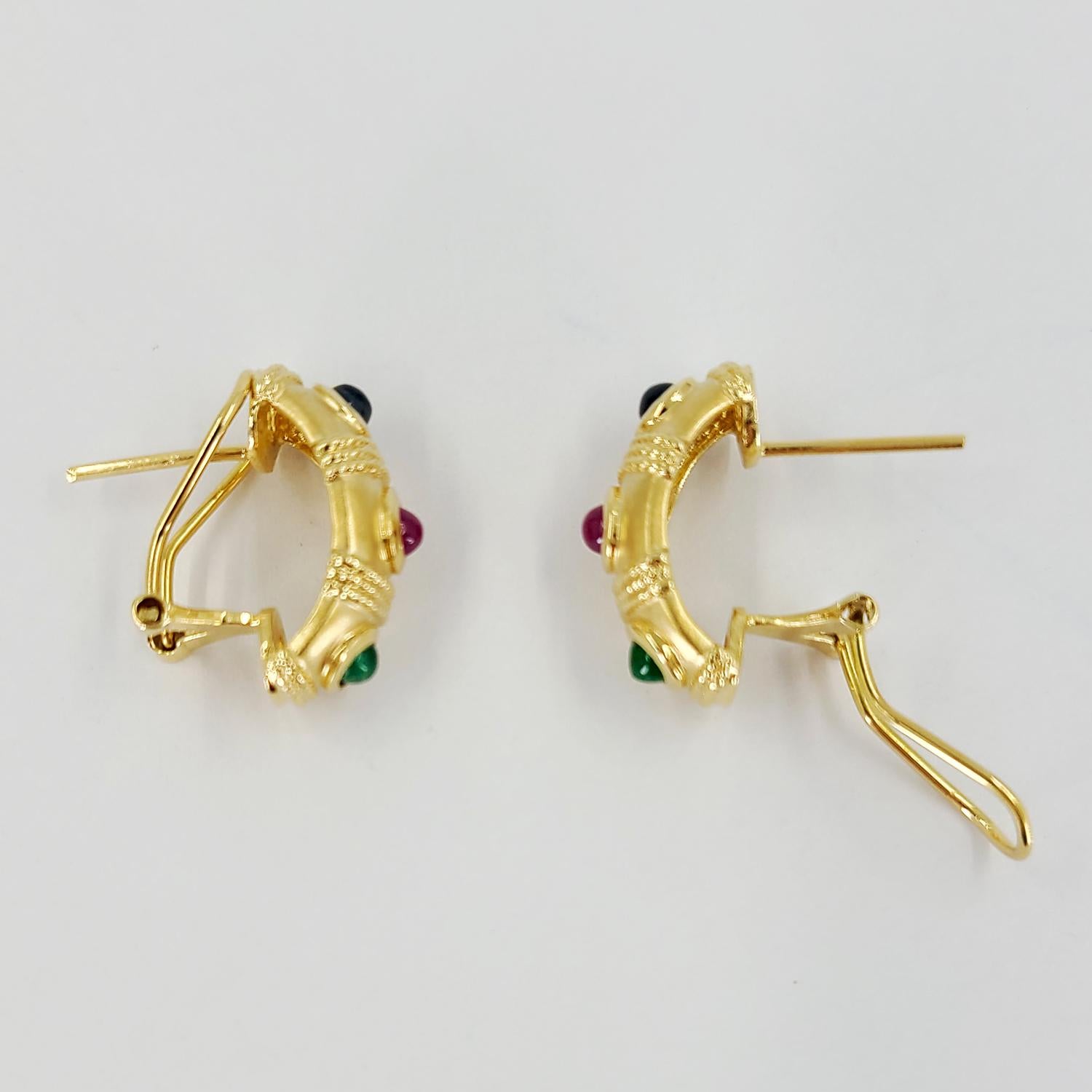Women's 14 Karat Yellow Gold Huggie Earrings with Ruby, Sapphire, and Emerald Cabochon