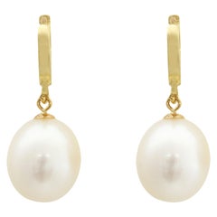 14 Karat Yellow Gold Huggy Style Teardrop Freshwater Pearl Hanging Earrings