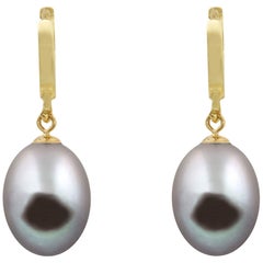 14 Karat Yellow Gold Huggy Style Teardrop Grey Freshwater Pearl Hanging Earring