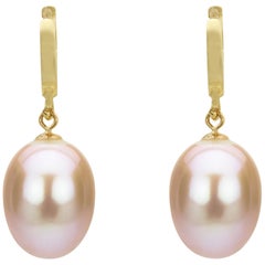 14 Karat Yellow Gold Huggy Style Teardrop Pink Freshwater Pearl Hanging Earring