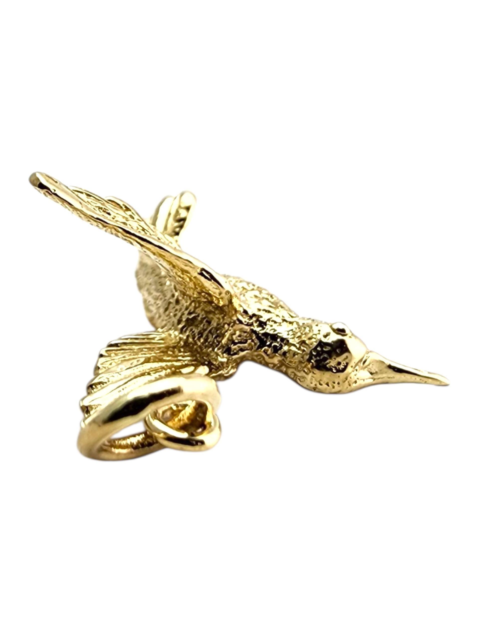 Charm a forma di colibrì in oro giallo 14 carati.

Questo charm a forma di colibrì in oro giallo 14 carati presenta un disegno ben dettagliato che simboleggia gioia, libertà e positività. La sua finitura lucida gli conferisce una brillantezza