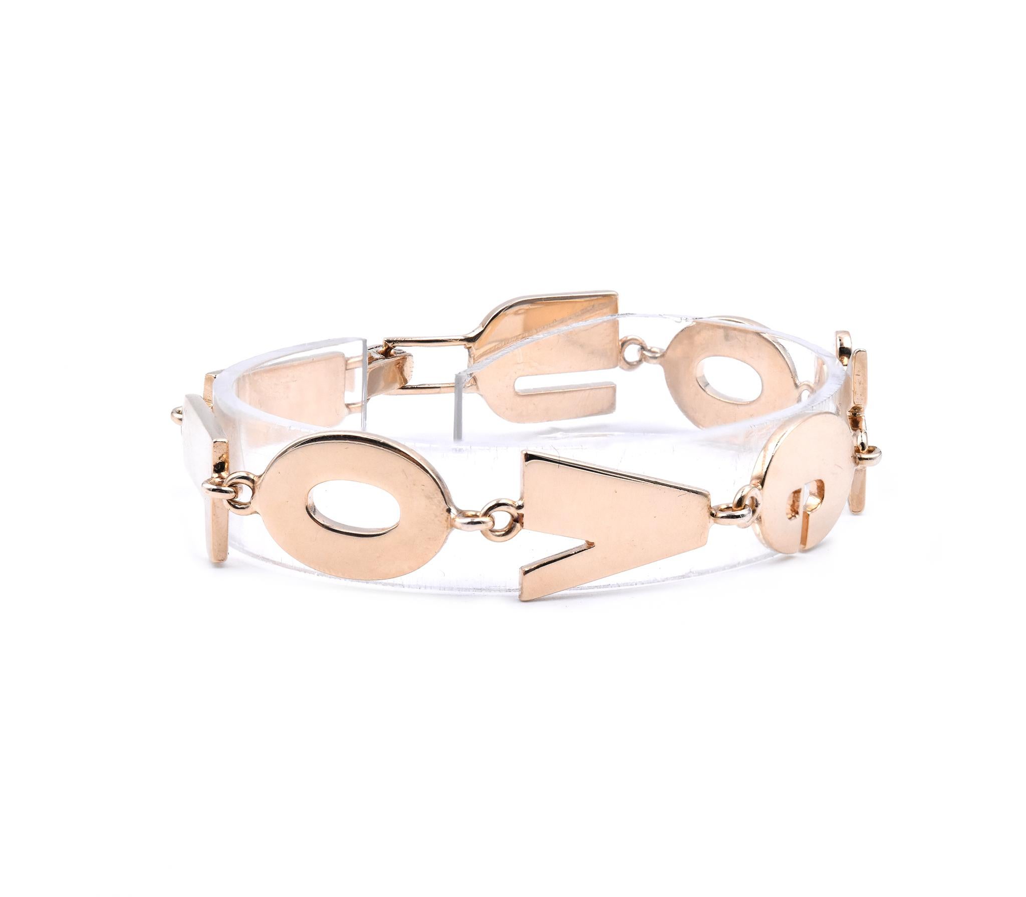 Designer: custom 
Material: 14k yellow gold
Dimensions: the bracelet will fit up to a 7.5-inch wrist, links measure 16mm wide
Weight: 30.57 grams
