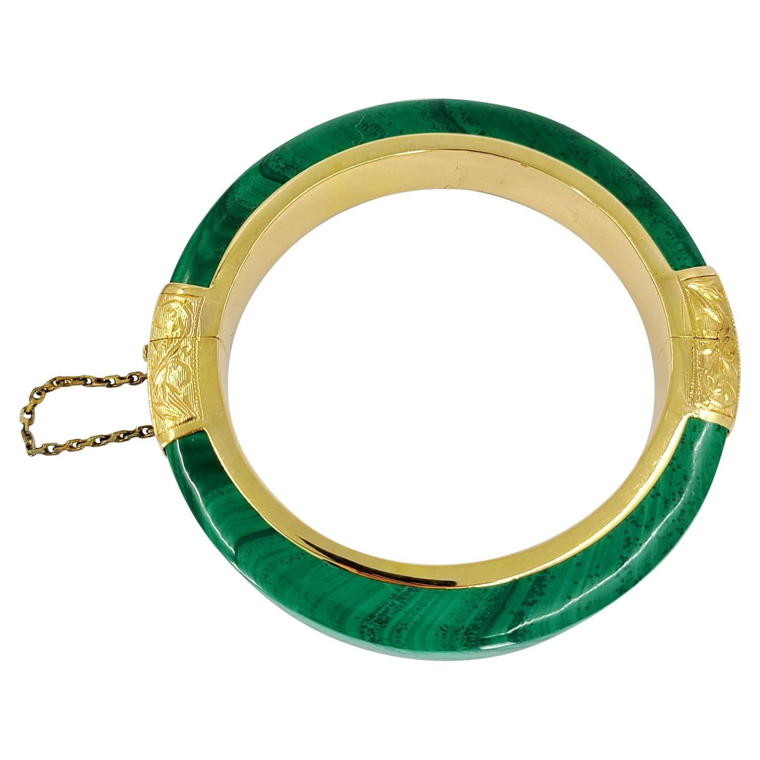 Yellow Gold & Imitation Malachite Hinged Bangle Bracelet