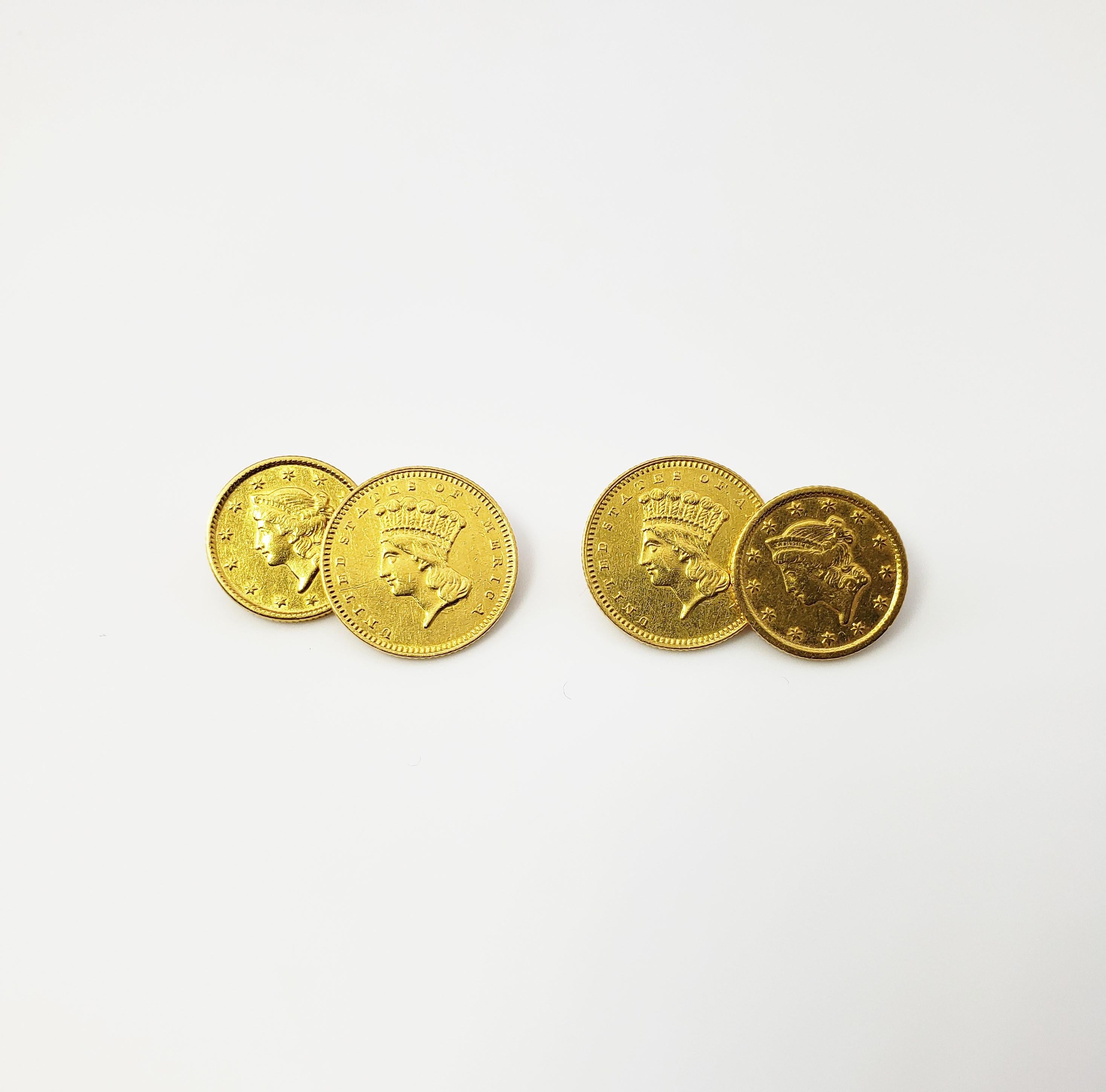 Vintage 14 Karat Yellow Gold Indian Head Coin Cufflinks-

These elegant cufflinks feature a $1.00 USA Indian Head coin crafted in beautifully detailed 14K yellow gold.

Size:  15 mm

Weight:  4.8 dwt. /  7.5 gr. 

Acid tested for 14K gold.

Very