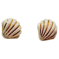 14 Karat Yellow Gold Inlay Ivory Seashell Earrings Studs
