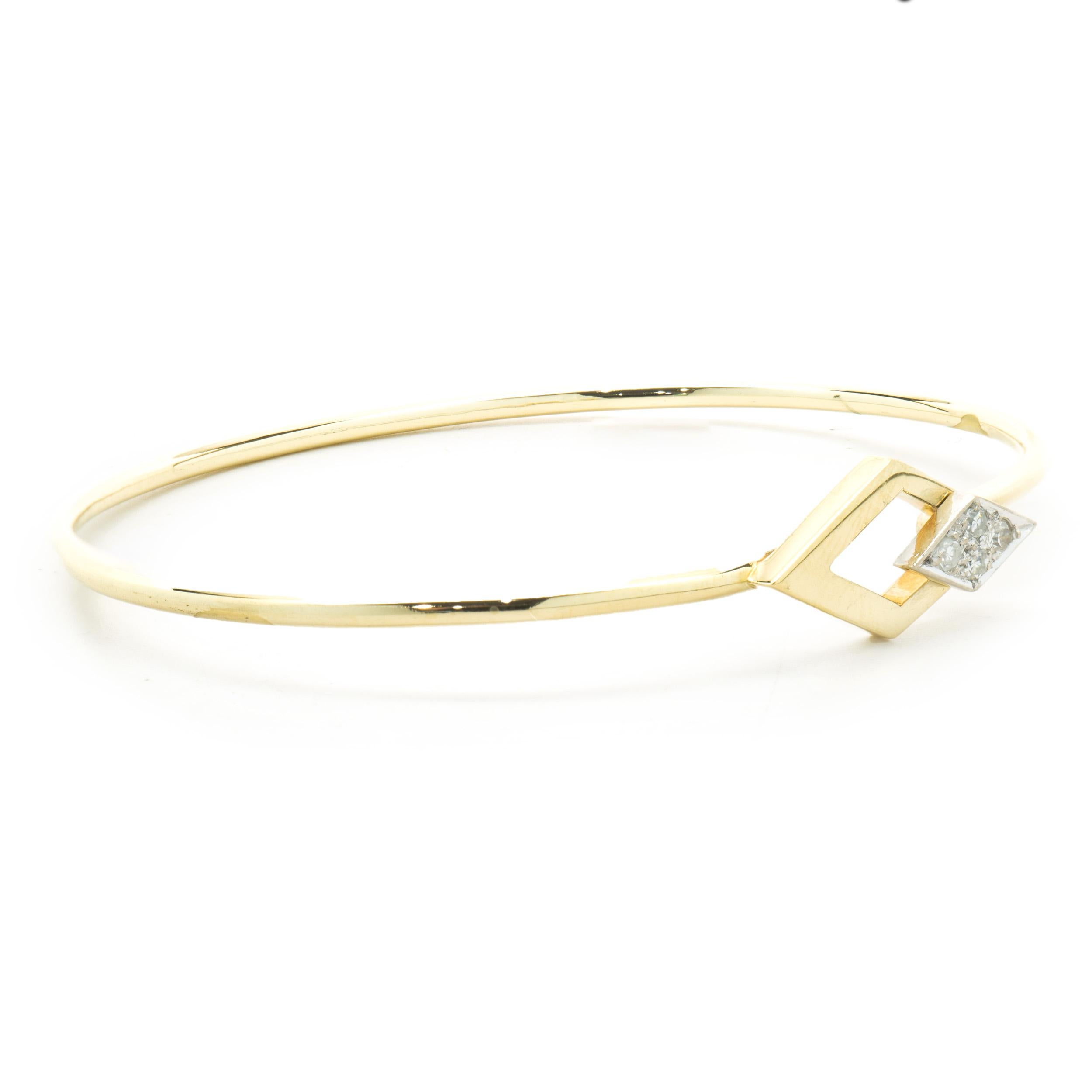 Designer: custom design
Material: 14K yellow gold
Diamond: 4 round single cut = 0.12cttw
Color: H
Clarity: SI1-2
Dimensions: bracelet will fit up to a 6.5-inch wrist
Weight: 7.22 grams