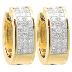 14 Karat Yellow Gold Invisible Set Princess Cut Diamond Hoop Earrings