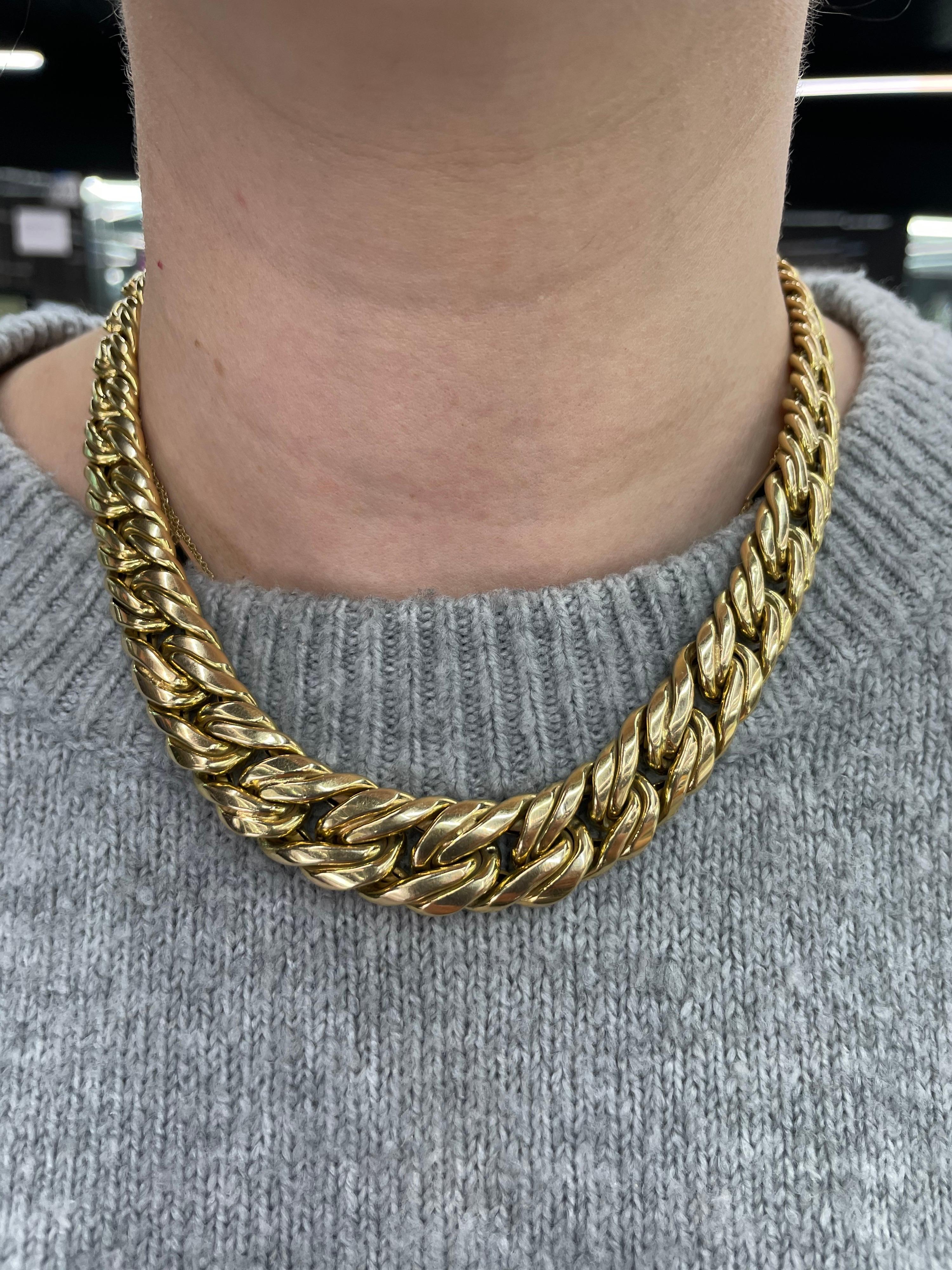 14 Karat yellow gold necklace featuring a graduated braided motif style and weighs 56 grams. Made in Italy.
Smallest link 3/8 inches
Biggest link 9/16 inches. 
More gold necklace available in stock.
