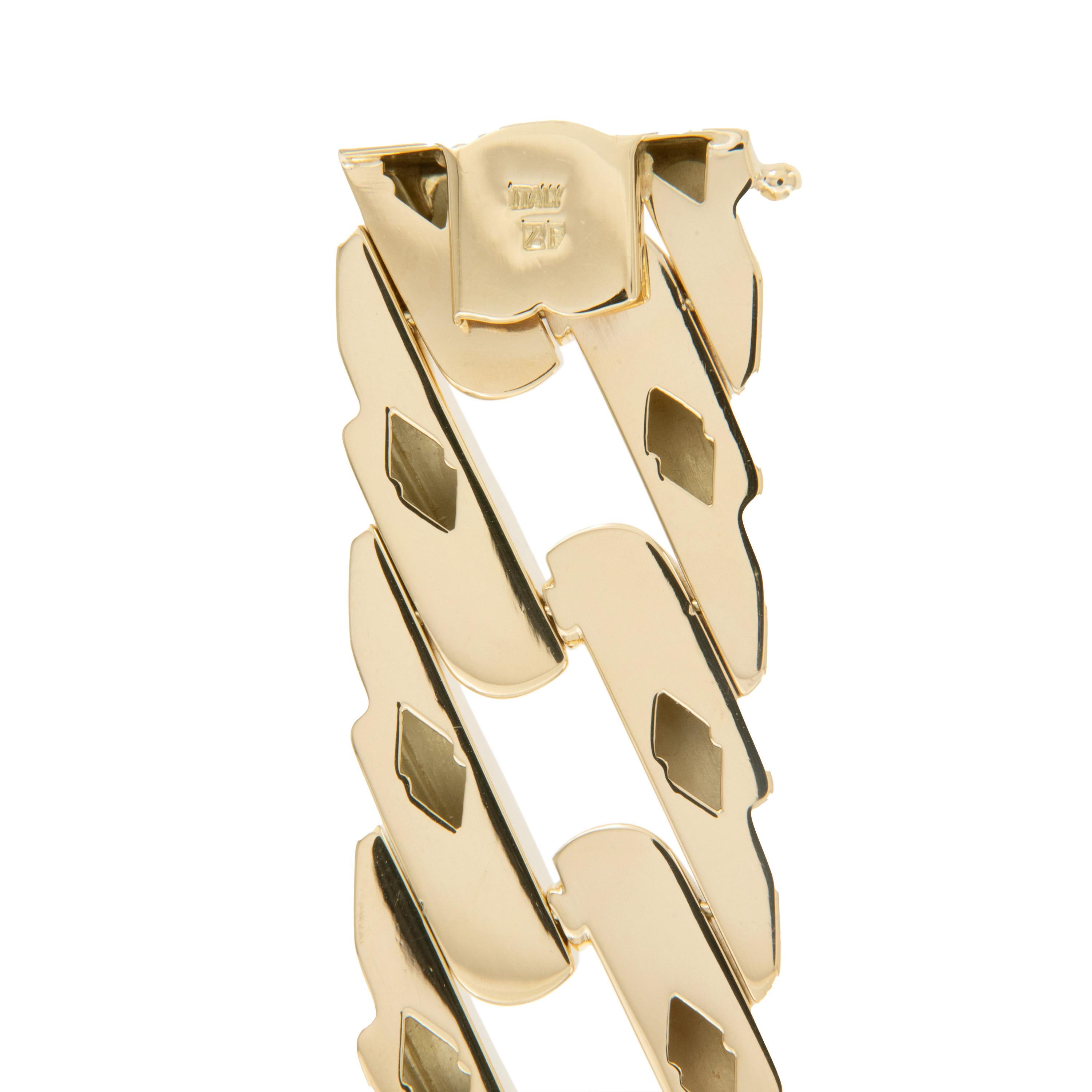 14 Karat Yellow Gold Italian Fancy Mirror Cuban Link Bracelet In Excellent Condition For Sale In Troy, MI