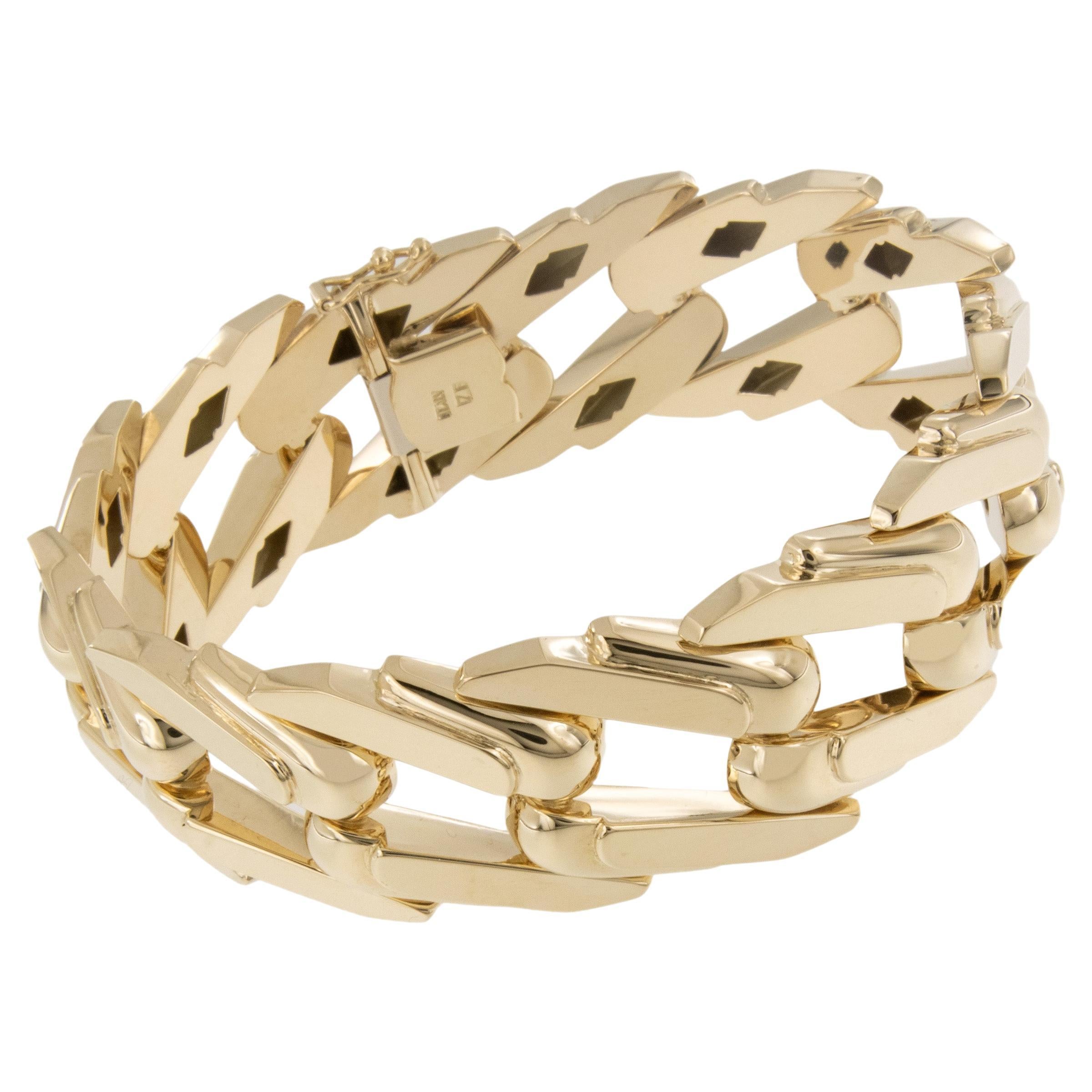 14 Karat Yellow Gold Italian Fancy Mirror Cuban Link Bracelet For Sale