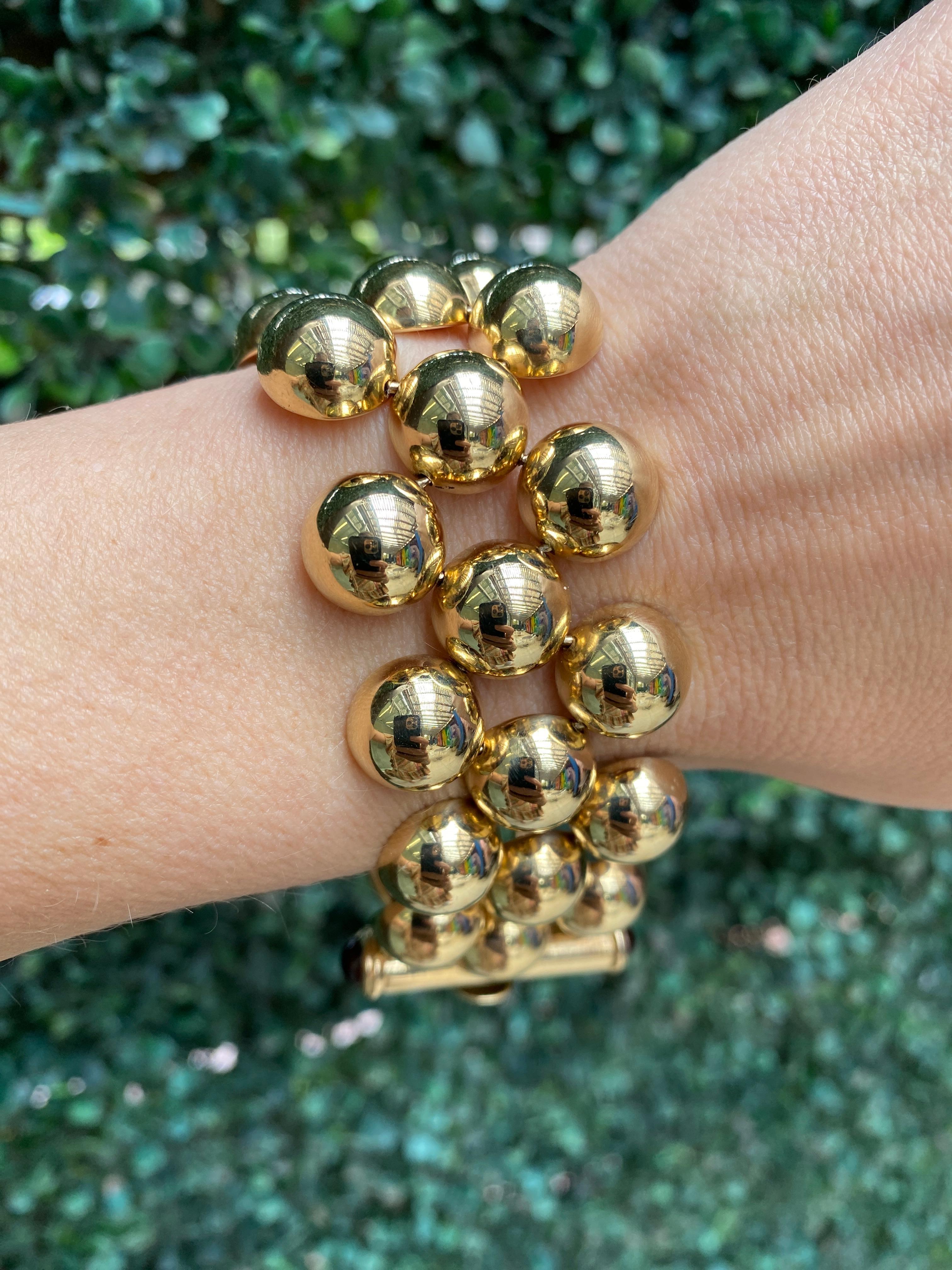 14 Karat Yellow Gold Italian Made Beaded Cuff Bracelet For Sale 8