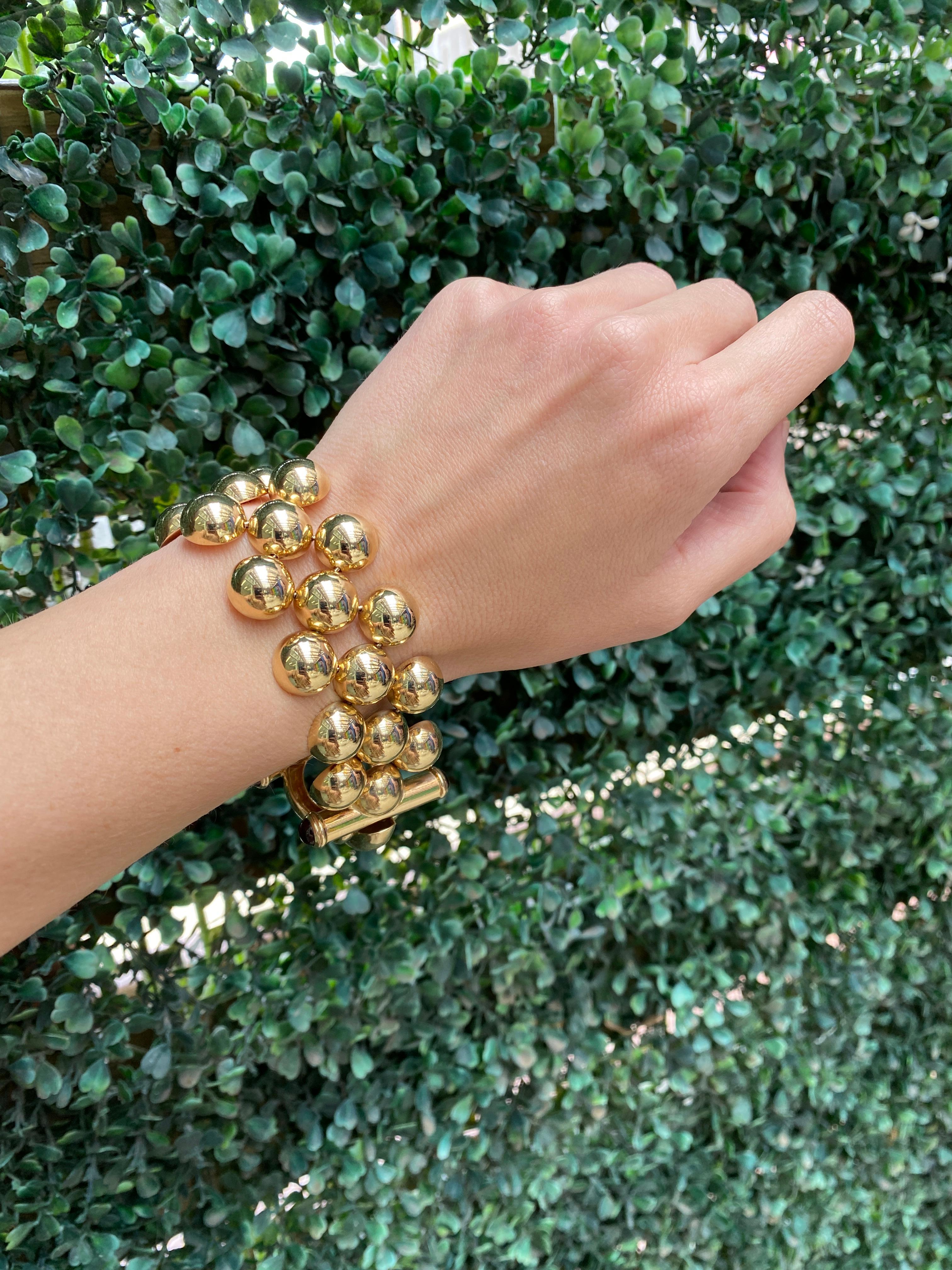 14 Karat Yellow Gold Italian Made Beaded Cuff Bracelet For Sale 10